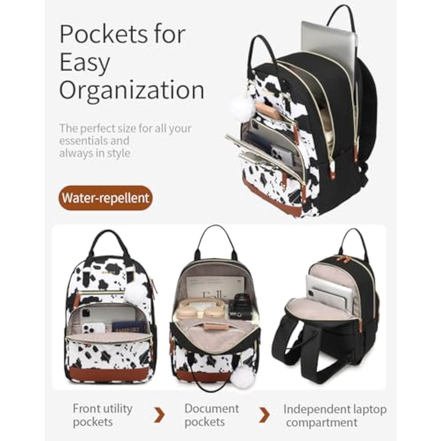 Designer Backpack Purse For Women, Water-Repellent Commuter Travel Bag With Laptop Sleeve, Computer Bag Rucksack For Work Casual, Cowprint Brown