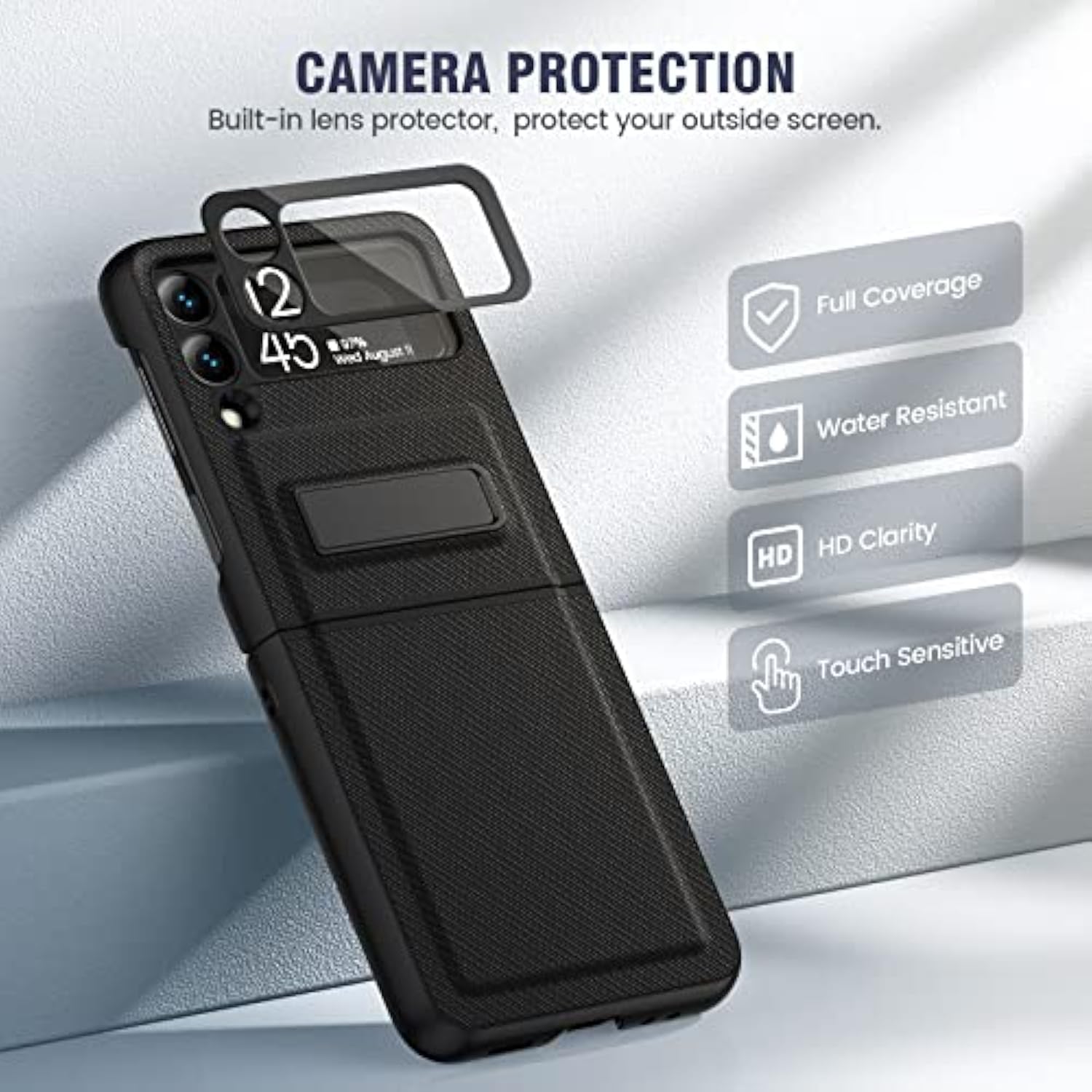 Compatible For Galaxy Z Flip 3 5G Kickstand Case, Z Flip 3 Case With Camera Protector Hinge Protection Wireless Charging Cover For Samsung Galaxy Z Flip 3 (Carbon Fiber Black)