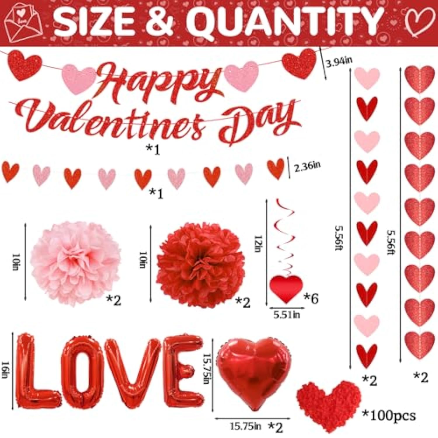 119Pcs Valentines Day Decorations Set, Office Hanging Heart Swirls, Red Heart Love Balloons, Banners, Paper Balls, Strings, Rose Petals For Romantic Special Night Home