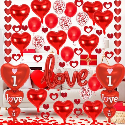 Valentines Day Decorations with I Love You and Red Heart Foil Balloons, Latex Balloons, Fake Rose Petals and Hearts Garland for Valentines Day Party Wedding Anniversary Engagement Decor