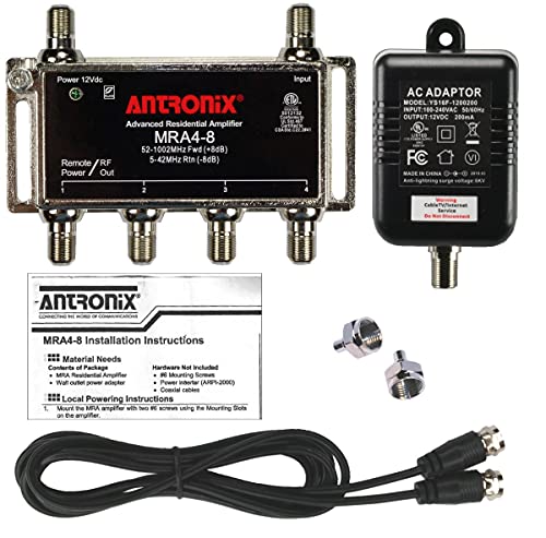 Antronix MRA4-8 Reliable Cable 4-Port TV/Antenna/HDTV/Internet Digital Signal Amplifier/Booster/Splitter with Passive Return, Black Coax Power Cable,