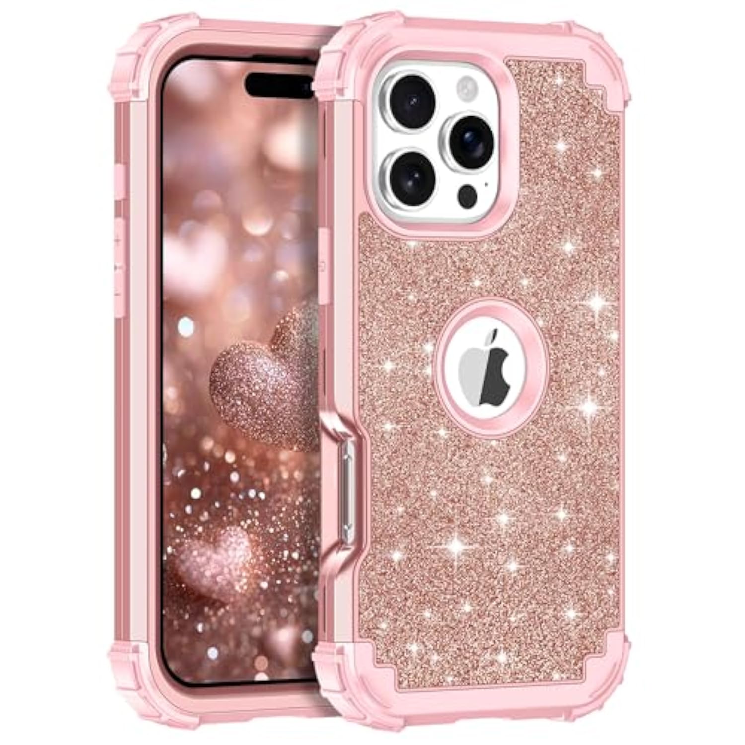 For Iphone 16 Pro Max Case Glitter Sparkly Bling 3 In 1 Shockproof Heavy Duty Hybrid Sturdy High Impact Protective Cover Case For Apple Iphone 16 Pro Max 6.9 Inch 2024,Rose Gold