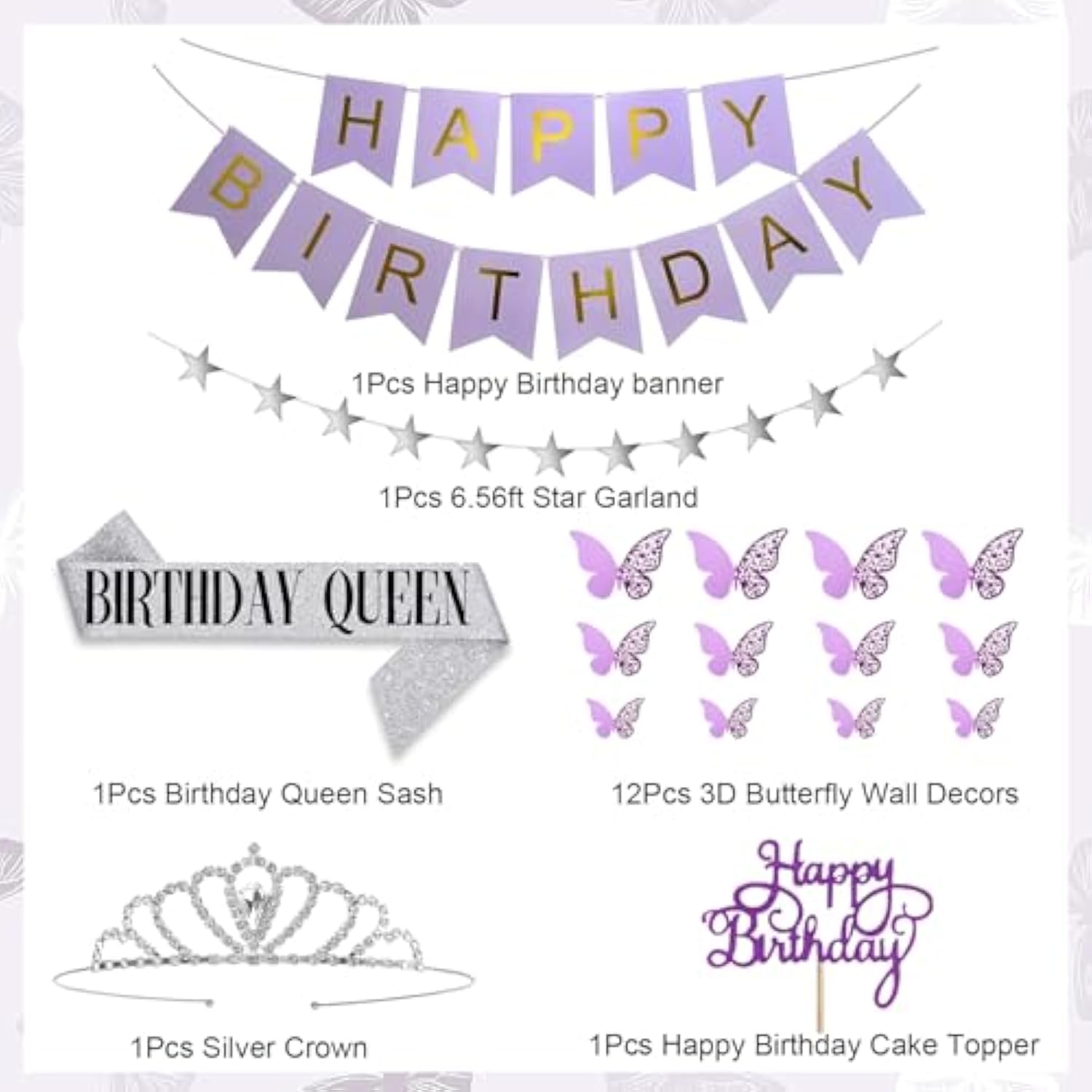 Purple Birthday Decorations For Women Girls, Lavender Purple Silver Foil Balloons Table Cloth Sash Crown Fringe Curtains Happy Birthday Banner Glitter Star Garland Butterfly Cake Topper Party Supplies