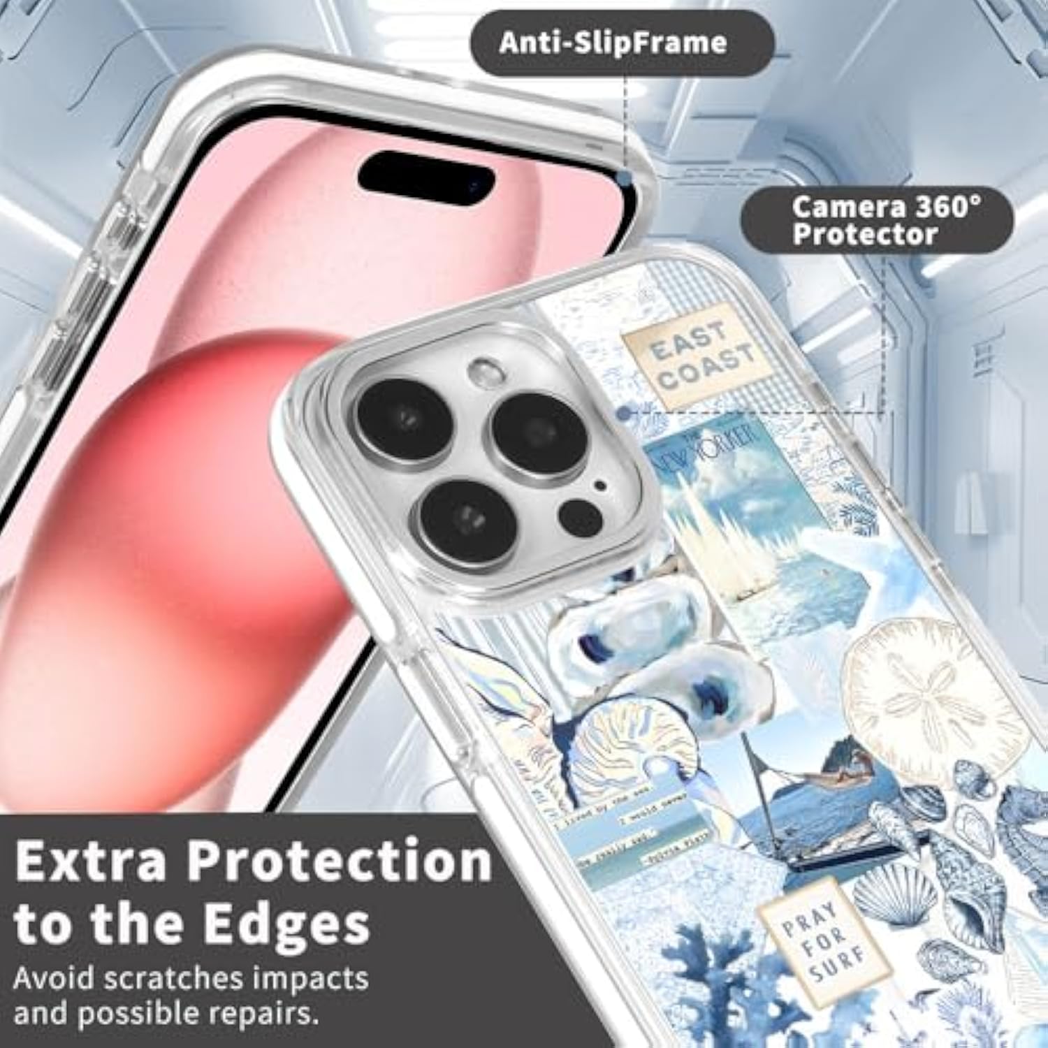 Cases For Iphone 15,Compatible With Magsafe,Classic Clear Shockproof Protection Magnetic Phone Case - Seashell Ocean Blue Retro Collage