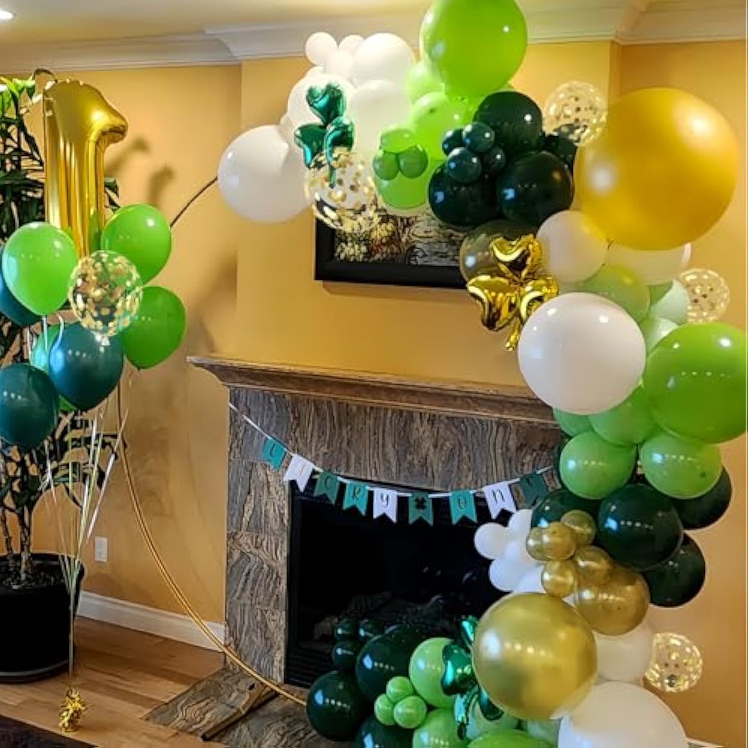 Green And Gold Balloons, 60 Pcs 12 Inches Dark Light Green Balloons Metallic Chrome Gold Confetti Balloon White Latex Ballons For Birthday Jungle Safari Theme Decorations