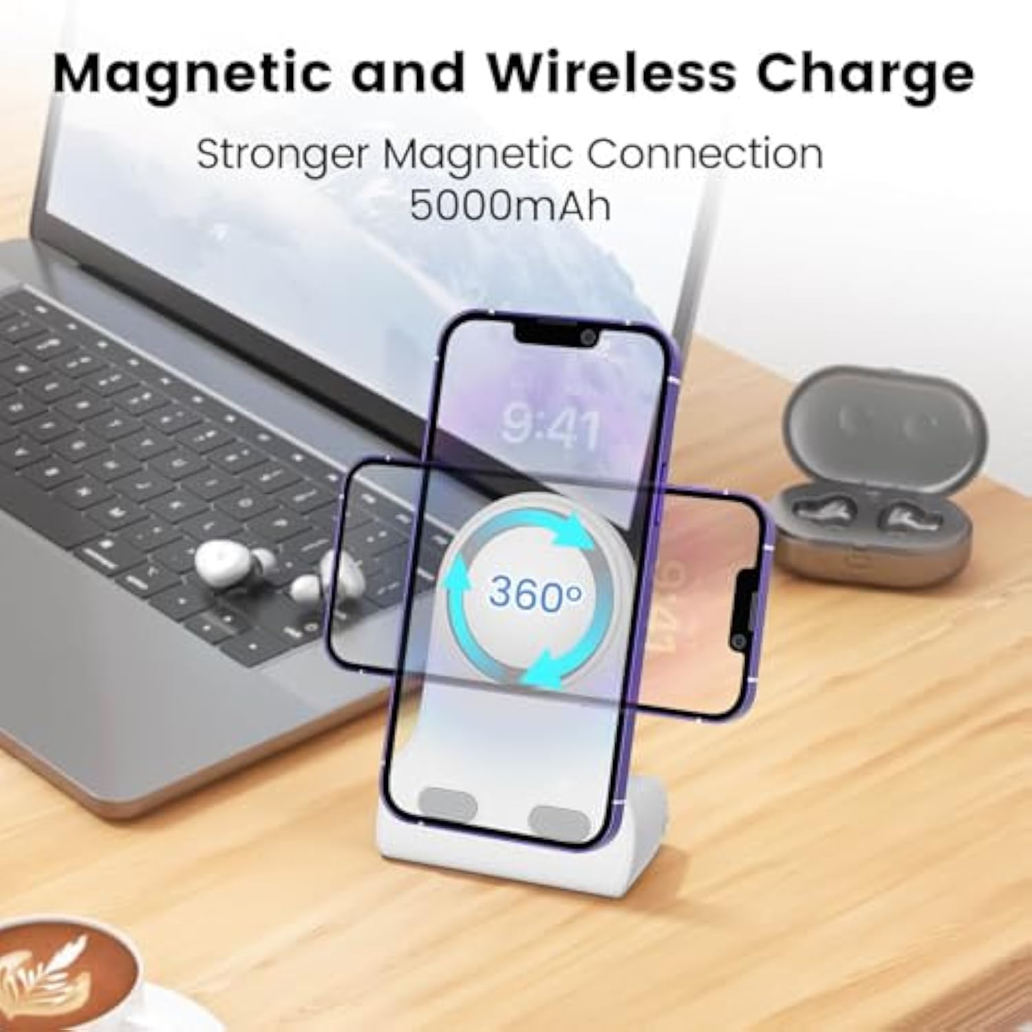 Magnetic Phone Stand With 5,000Mah Battery Charging Stand Desk Portable Charger And Portable Phone Holder With Shooting Grip Handle For Iphone Cellphones (White)