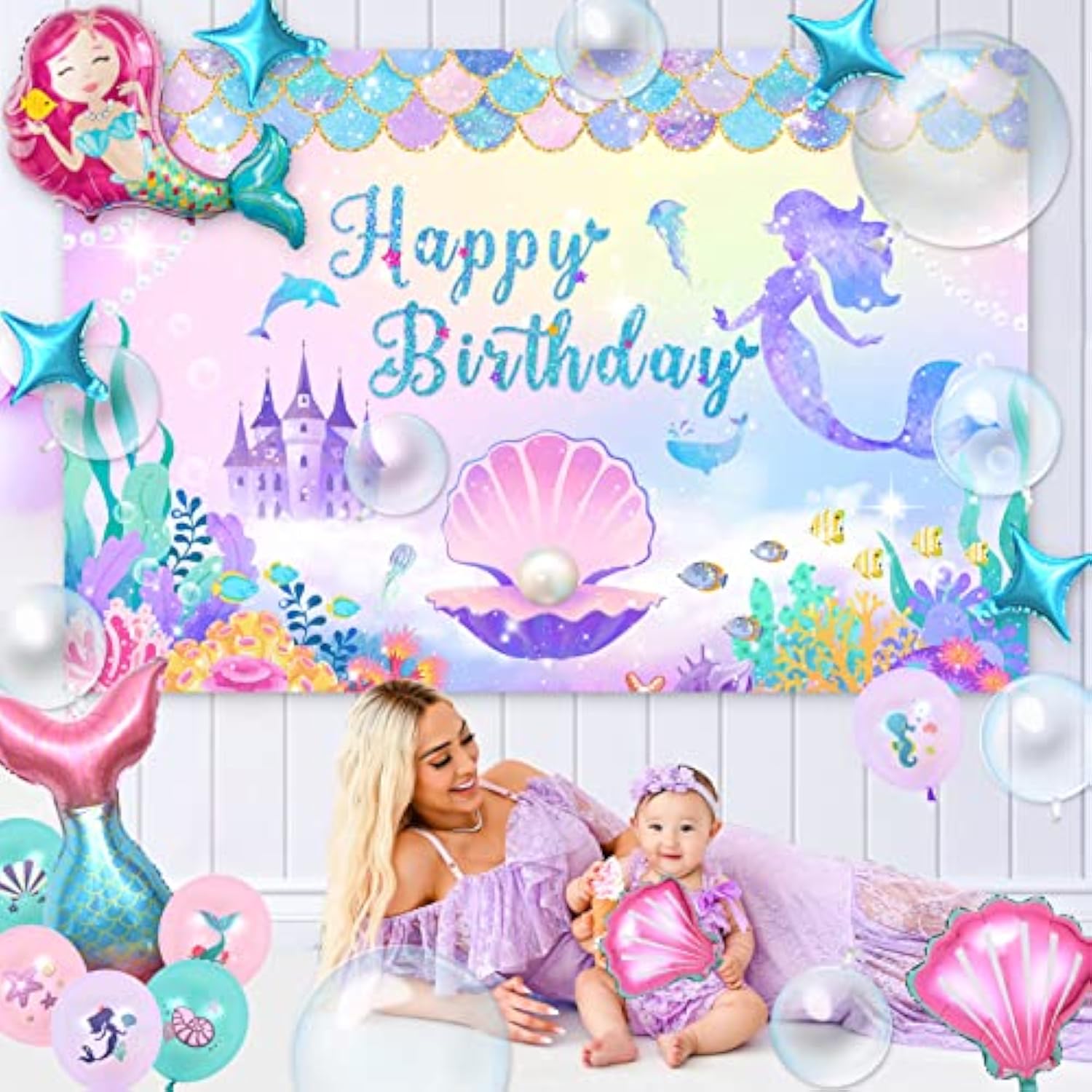 Little Mermaid Party Decorations Birthday Supplies Girls, Pink Purple Balloon Arch & Backdrop Tablecloth & Bobo Balloon Tail Shell Foil Balloon Printed Balloon, Princess Mermaid Birthday Decor