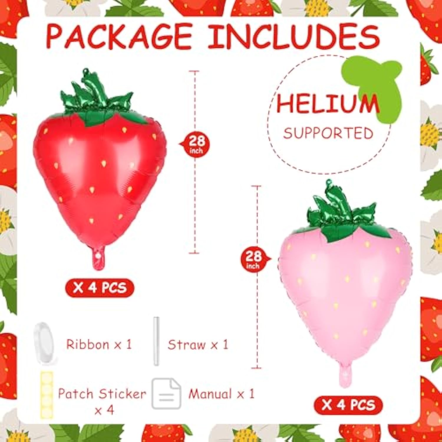 8 Pcs Strawberry Balloons 28" Berry Foil Balloons Shortcake Birthday Party Decor