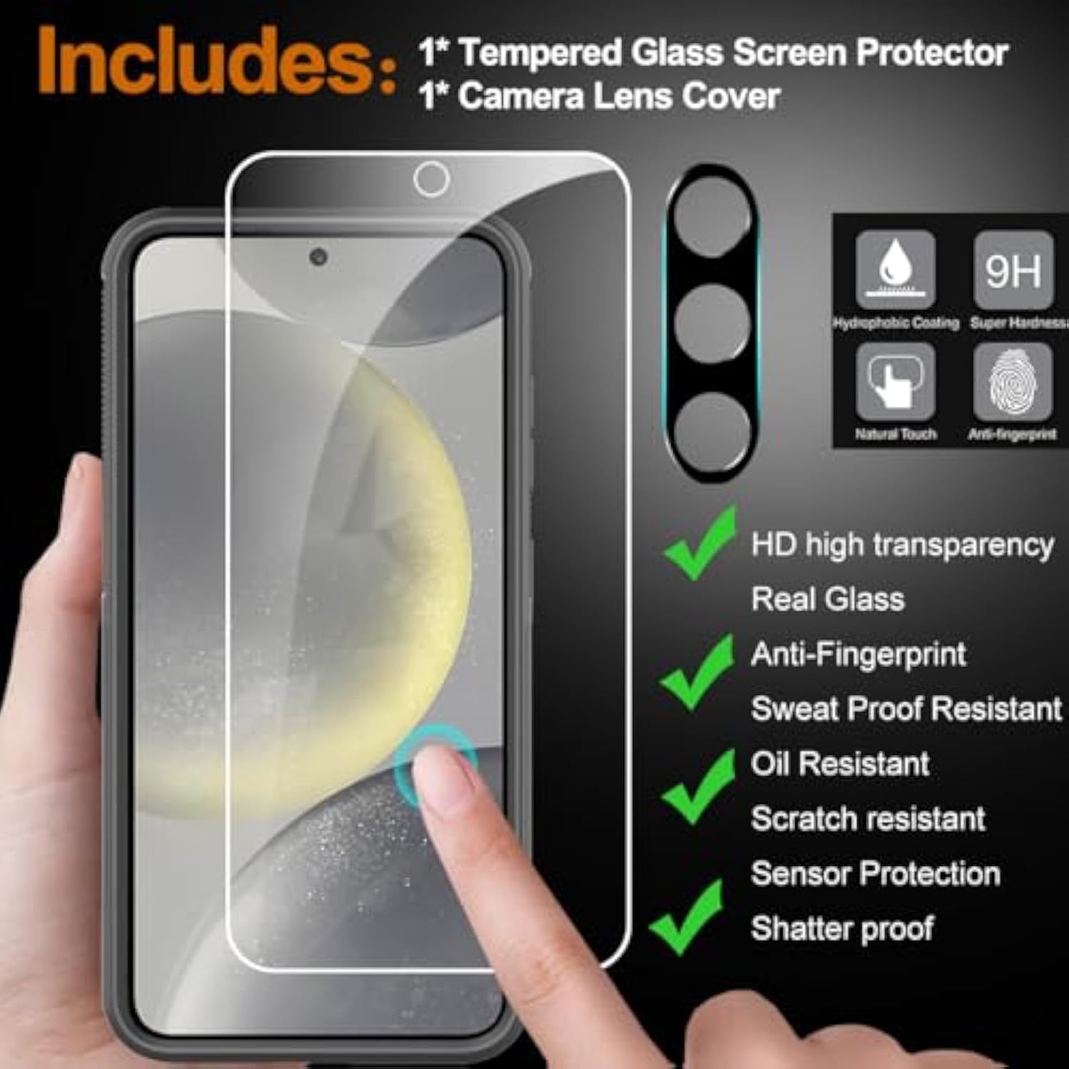 Designed For Samsung Galaxy S24 Case With Tempered Glass Screen Protector & Camera Lens Protector,Heavy-Duty Tough Rugged Slim Shockproof Phone Case For Galaxy S24 (6.2", 2024) [Black]