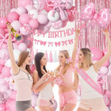 Pink Bow Birthday Decorations, Coquette Themed Party Supplies With Light Pearl Pink White Confetti Long Balloons Happy Birthday Banner Paper Tassel Cake Toppers For Women Girls Baby Shower