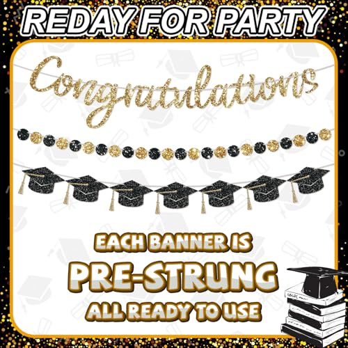 Pre-Strung Congratulations Banner, 2026 Graduation Banners, Class of 2026 Black Gold Glitter Congrats Grad Party Decor College High School Graduation Party (NO-DIY)