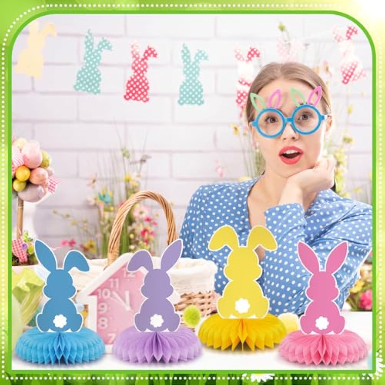 12 Pcs Easter Bunny Party Decoration Honeycomb Centerpieces Bunny Table Decor 3D Paper Honeycomb Table Topper For Easter Party Favor Decor