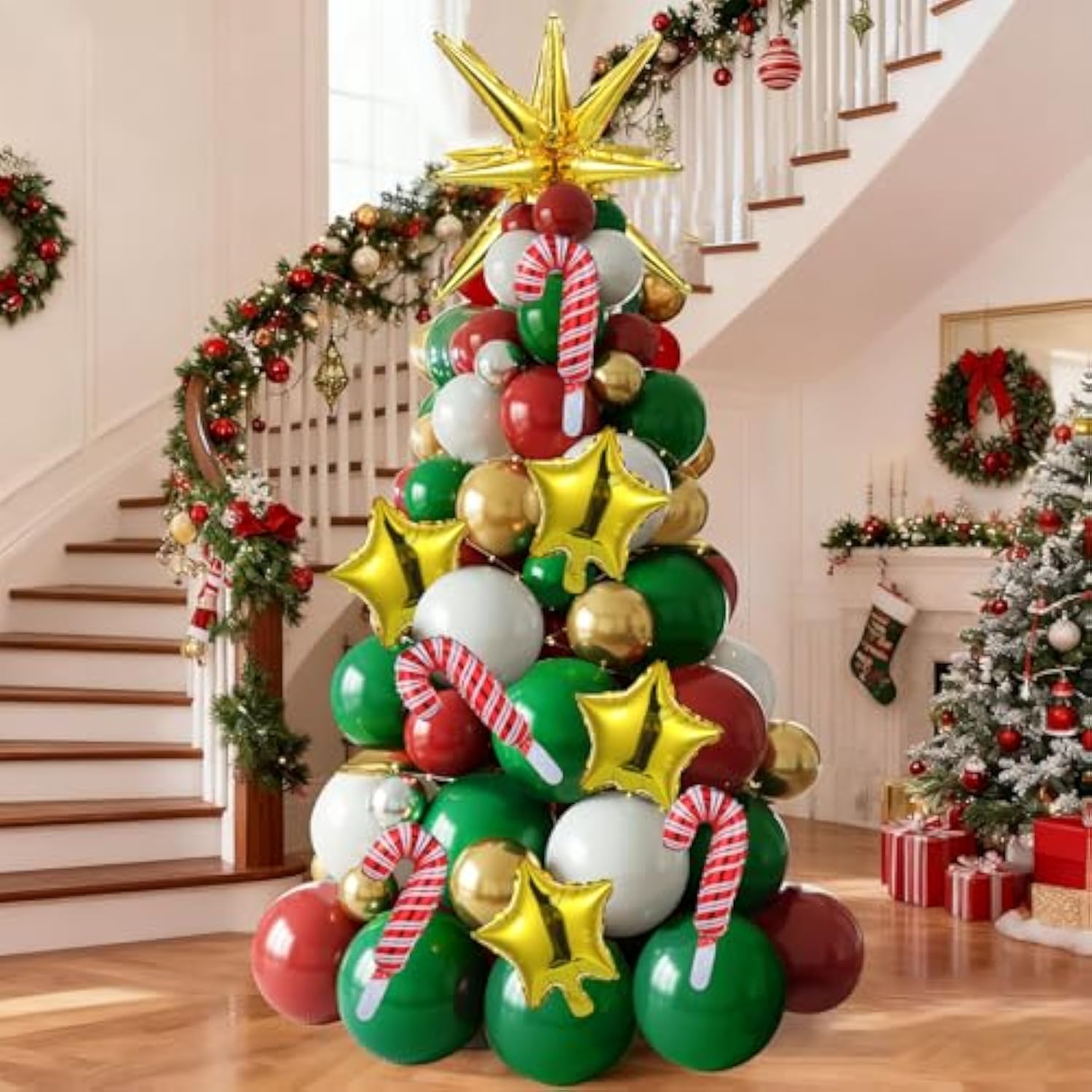 2 Christmas Tree Balloon Stand Kits with Candy Foil Balloons and Gold Star Decor