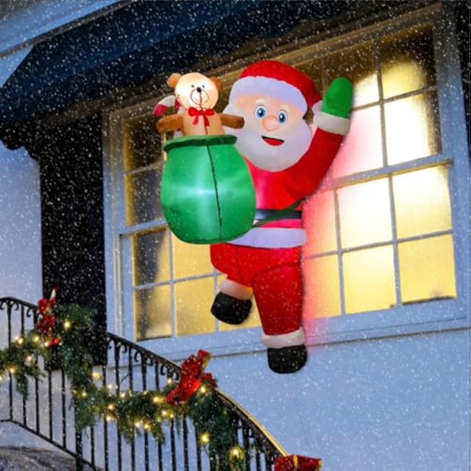 3.4Ft Christmas Inflatable Hanging Santa With Gift Bag Decorations, Blow Up Climbing Santa With Build-In Led For Xmas Pa