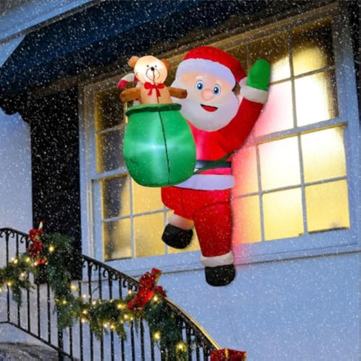 3.4Ft Christmas Inflatable Hanging Santa With Gift Bag Decorations, Blow Up Climbing Santa With Build-In Led For Xmas Pa