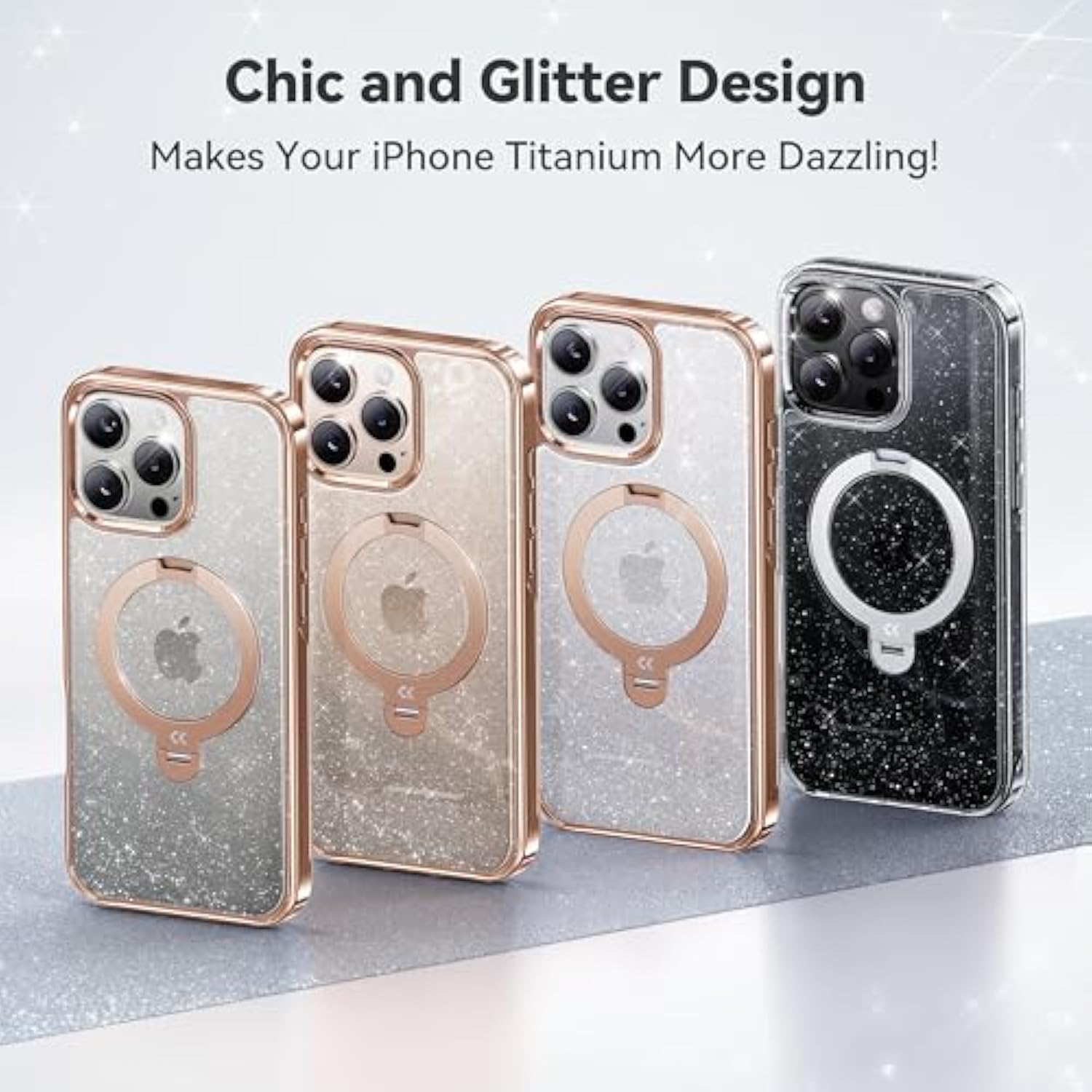 Glitter 360° Spin Built-In Magnetic Stand For Iphone 16 Pro Max Case, Fit For Magsafe, 16Ft Drop Protection, Chic Design For Iphone 16 Promax Case With Stand, Sparkle Rose Gold
