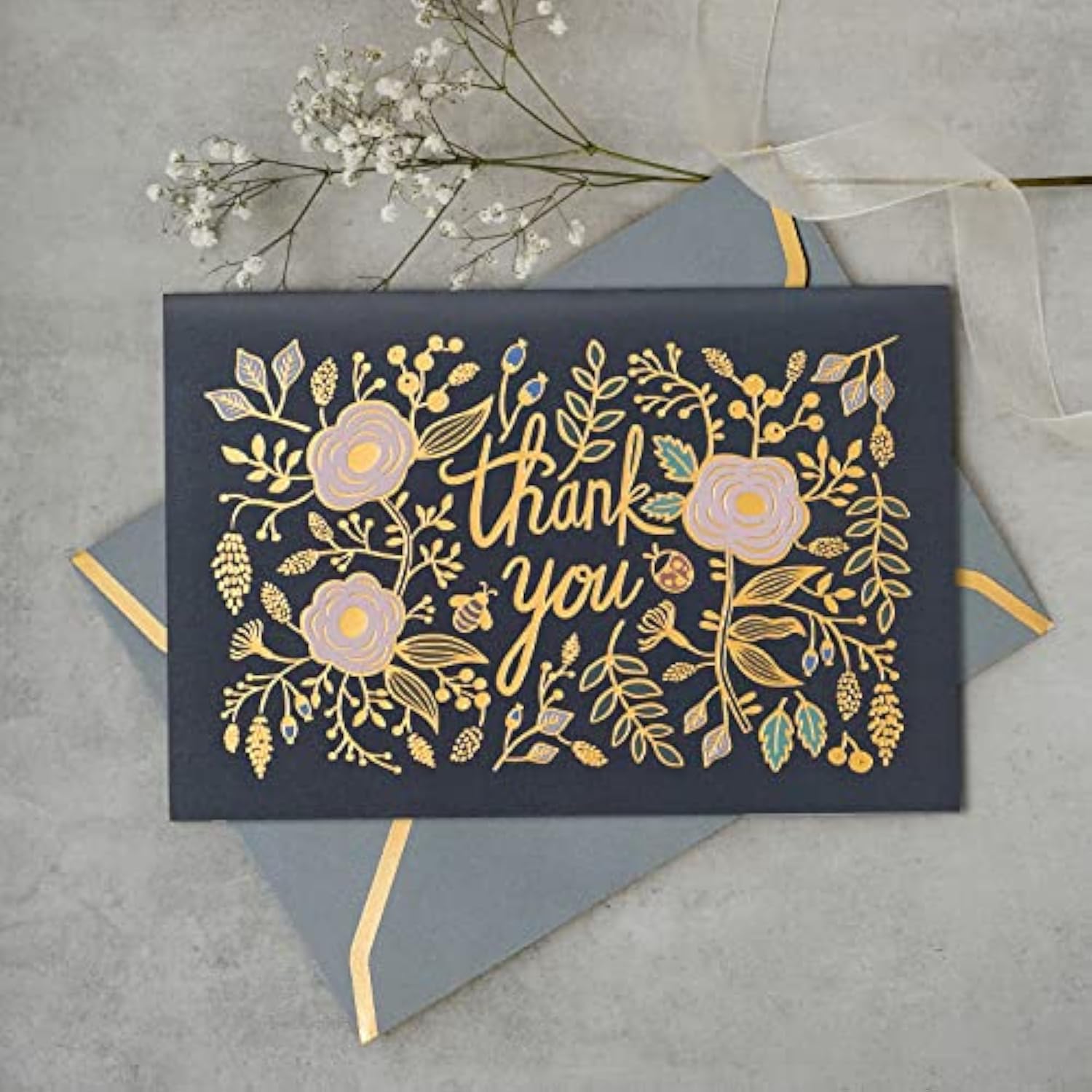 Thank You Cards With Envelopes, 24-Count, Midnight And Gilded Blooms, Gold Foil Floral Design, 4 X 6 Inches, Blank Inside Bulk Notes For Weddings, Baby Showers, Bridal Showers