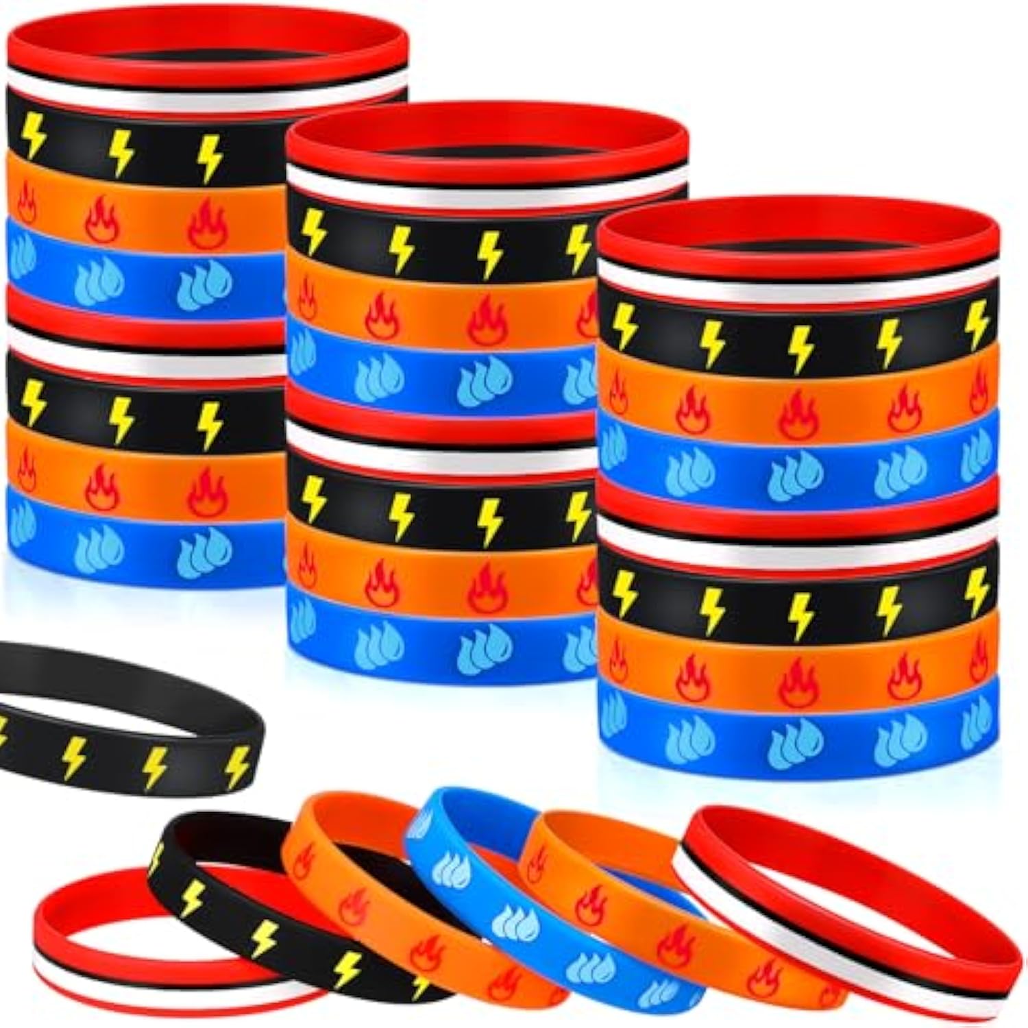 48 Pcs Cartoon Animation Party Favors Cartoon Animation Rubber Bracelet In 4 Styles Red Black Lightning Water Drip Flame Bolt Pattern Bracelet Silicone Wristband For Birthday Party Supplies