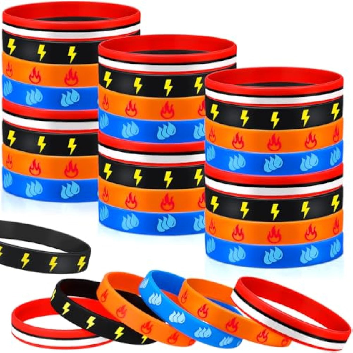 48 Pcs Cartoon Animation Party Favors Cartoon Animation Rubber Bracelet In 4 Styles Red Black Lightning Water Drip Flame Bolt Pattern Bracelet Silicone Wristband For Birthday Party Supplies