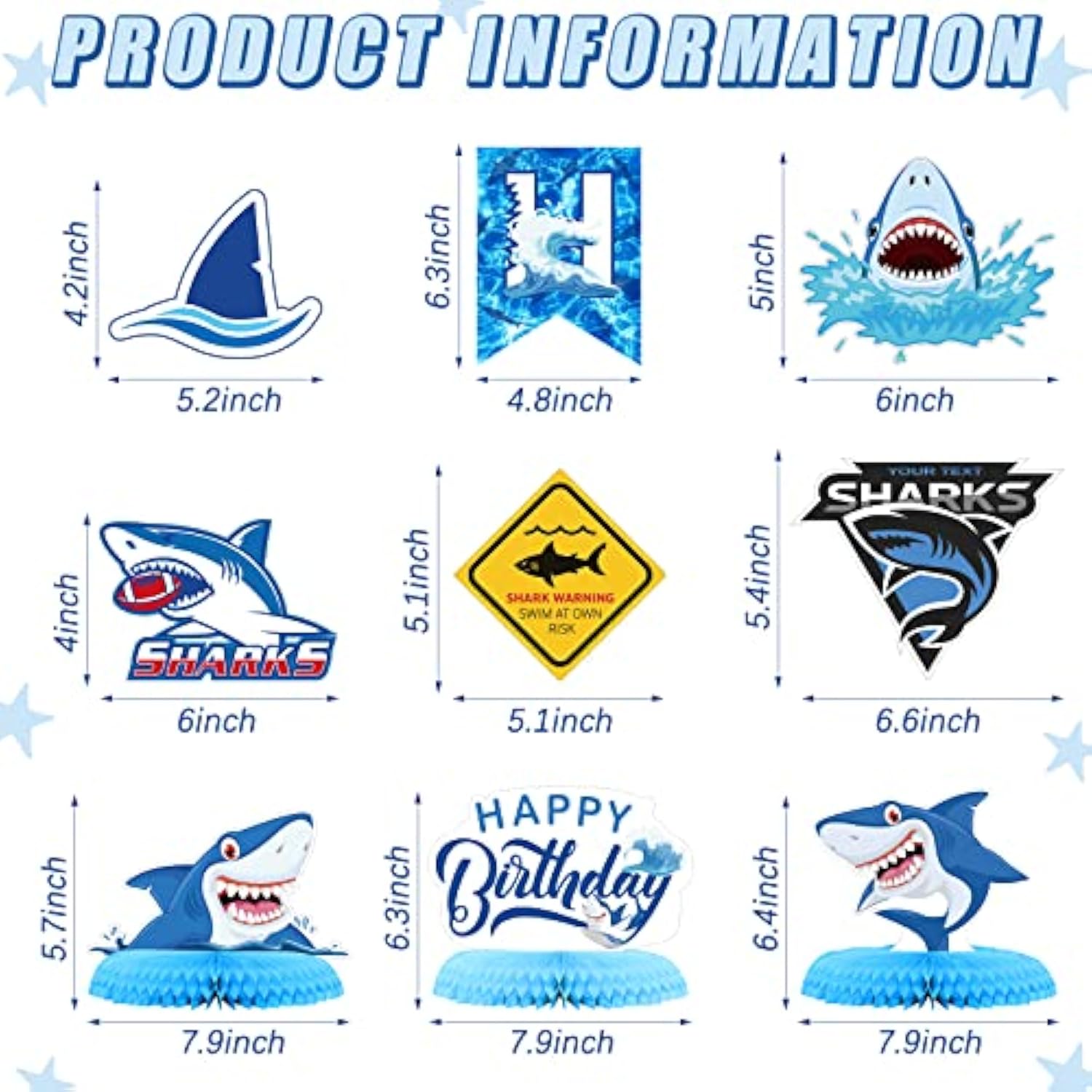 28 Pieces Shark Party Supplies Set Includes 12 Hanging Swirls Shark Happy Birthday Banner 12 Hanging Cutouts 3 Birthday Honeycomb Centerpiece For Party Decorations