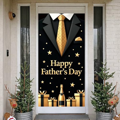 Happy Father's Day Door Cover Black Gold Suit Tie Banner Party Decorations 71x35 Inch Large Fabric Backdrop Background Sign for Indoor Outdoor Front Porch Men Dad Grandpa Celebration