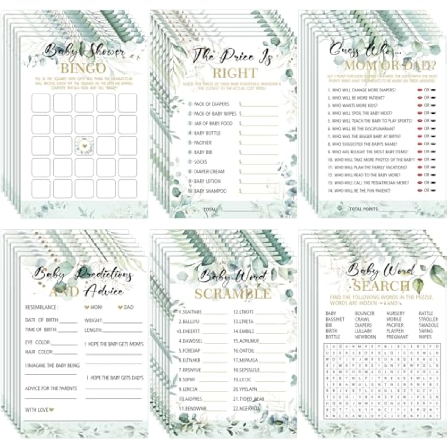 302 Pcs Greenery Eucalyptus Baby Shower Games 6 Games Activities For 50 Guests Include Baby Shower, Word Scramble, Word Search, Predictions And Advice, The Price Is Right