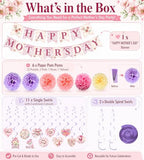 Mother's Day Decorations Set - Happy Mother's Day Banner, 6PCS Paper Pom Poms, 13Pcs Hanging Swirls with Best Mom Cardstock Cutouts - Floral Pink Party Supplies for Home, Mantle, Wall Decor