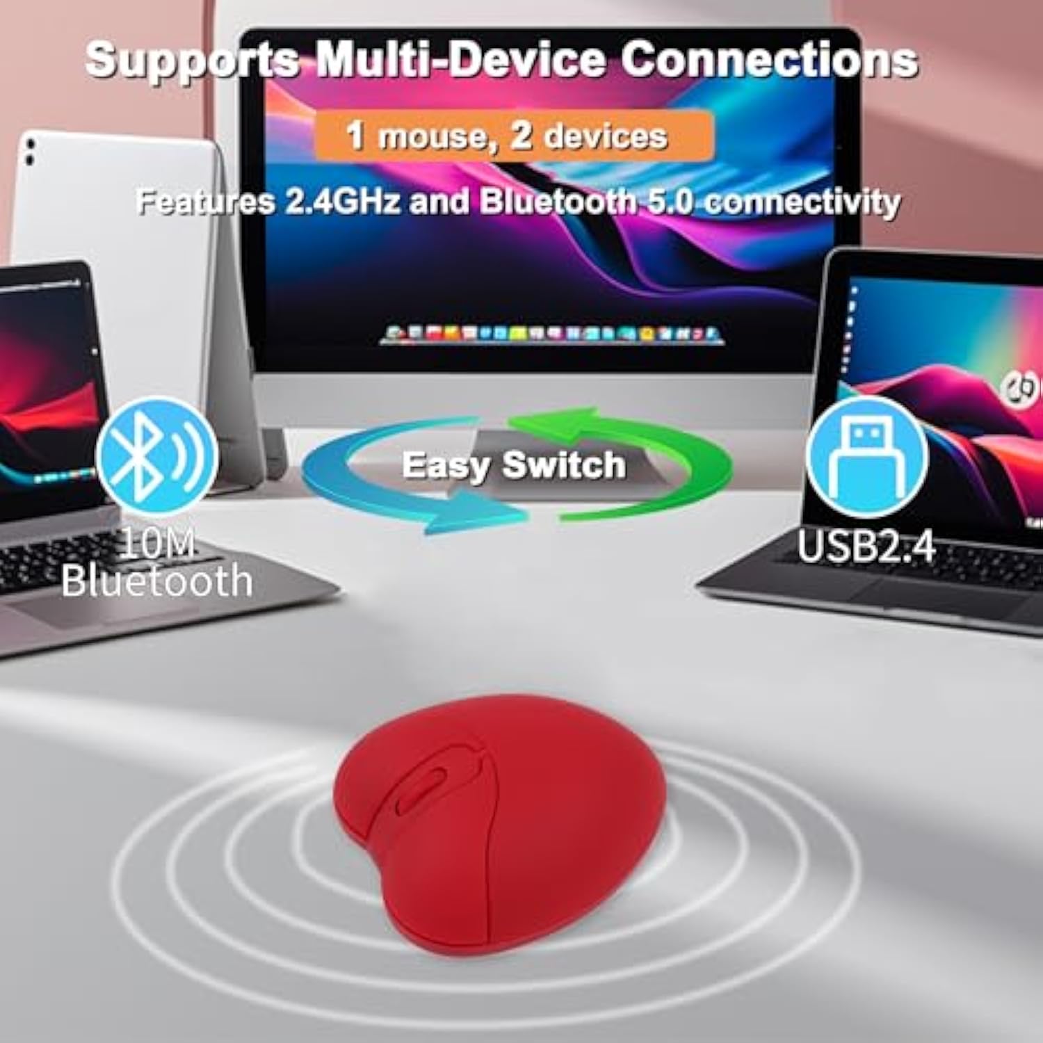 Wireless Bluetooth Mouse Cute Heart Shape Mouse 2.4Ghz & Bluetooth Dual Mode 1000Dpi Optical Computer Mice With Usb Receiver Portable Travel Cordless Mouses For Laptop Pc Computer Desktop Gift(Red)