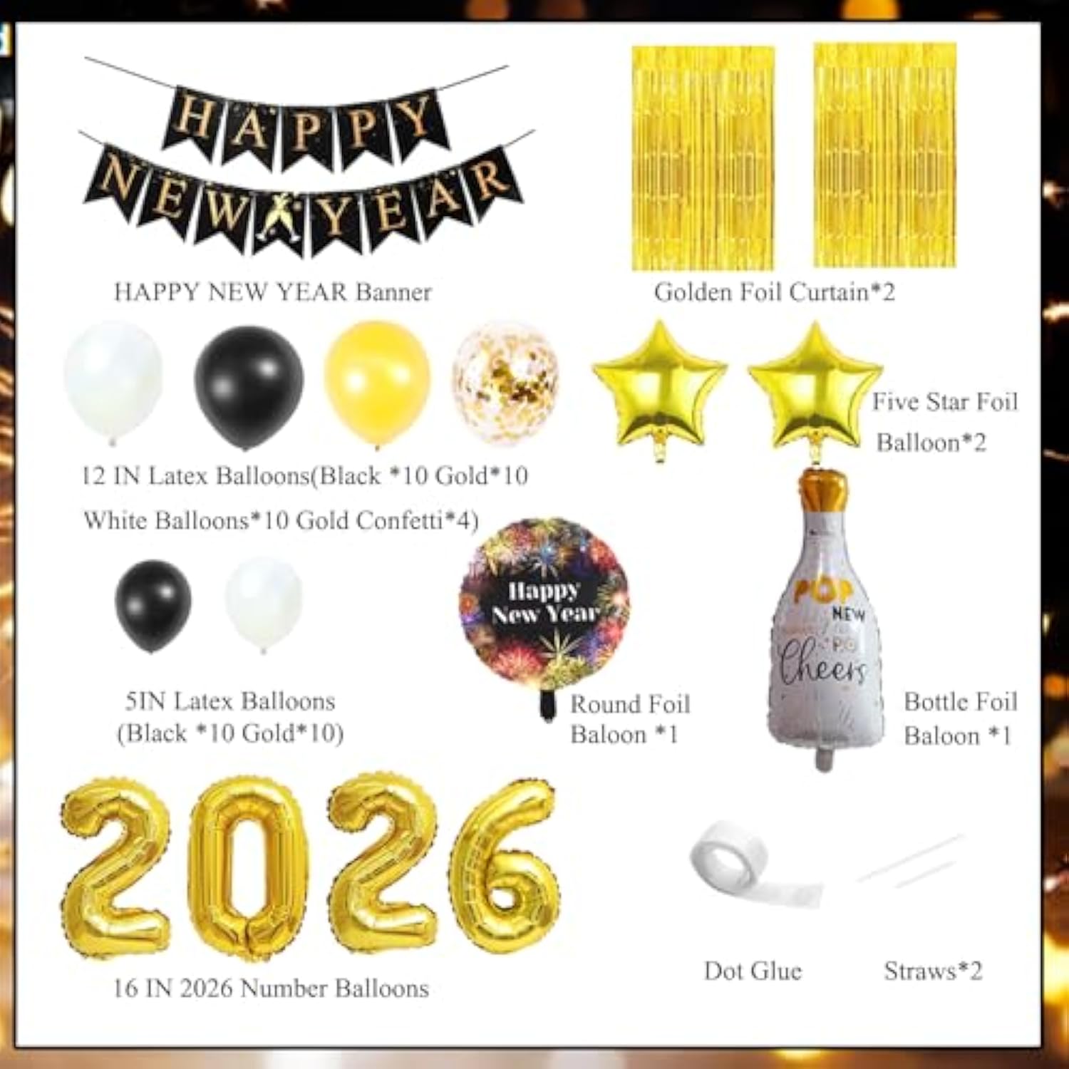 2026 New Year Eve Party Set Balloons Champagne Backdrop Banner Decor