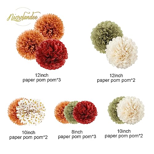 Fall Party Decor 12 PCS Orange Burgundy Green Tissue Pom Poms