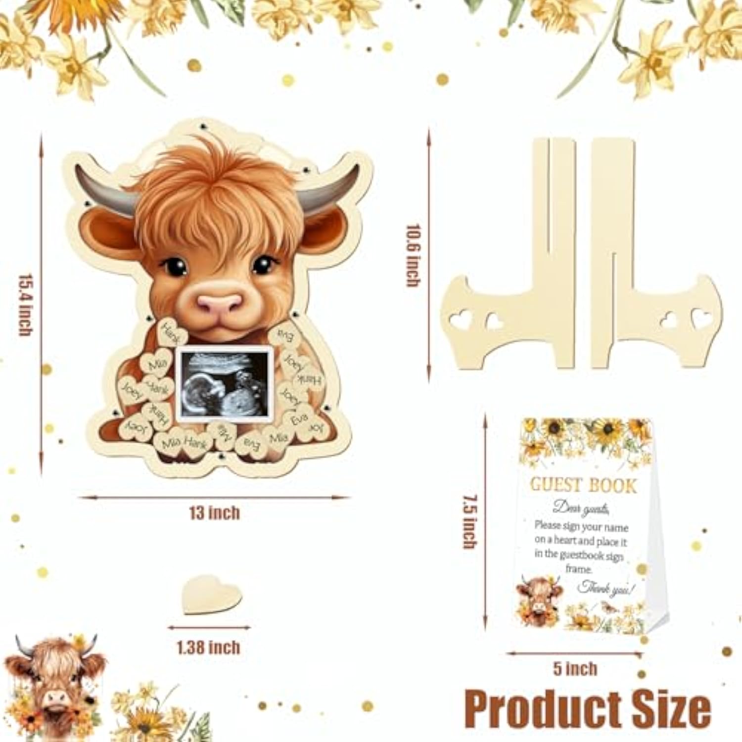 65 Pcs Highland Cow Baby Shower Decorations Guest Book, Baby Shower Guest Book Alternatives With Photo Frame, 60 Wood Slices Cow Baby Shower Guest Book For Boys Grils Baby Shower