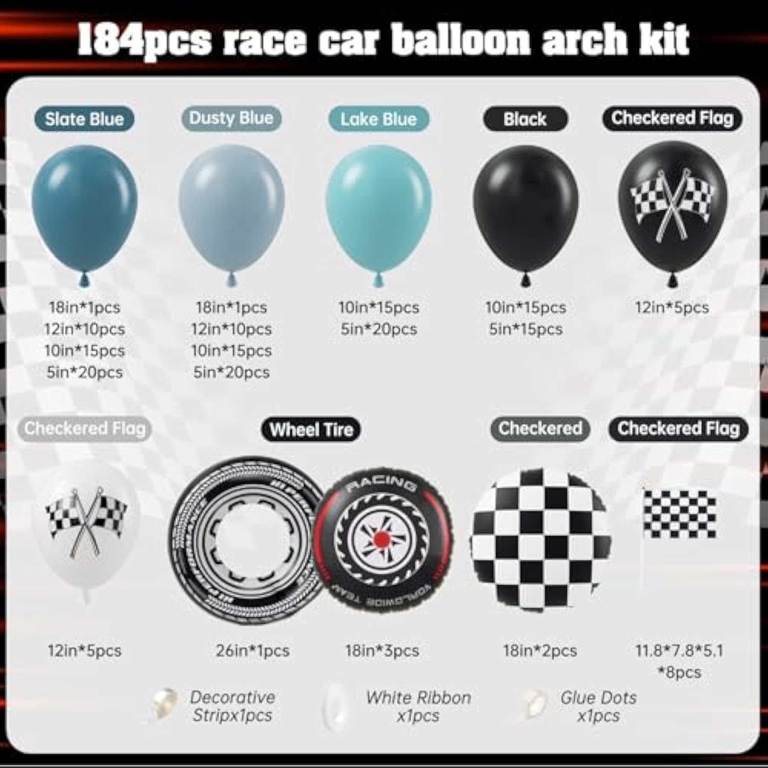 184PCS Race Car Balloon Garland Kit for Two Fast Birthday Party Decorations