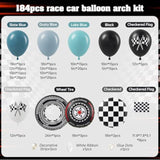 184Pcs Race Car Balloon Garland Arch Kit, Two Fast Birthday Decorations With Slate Dusty Blue Checkered Wheel Check Flag Balloons For One Two Fast Race Car Birthday Party Decorations For Boys