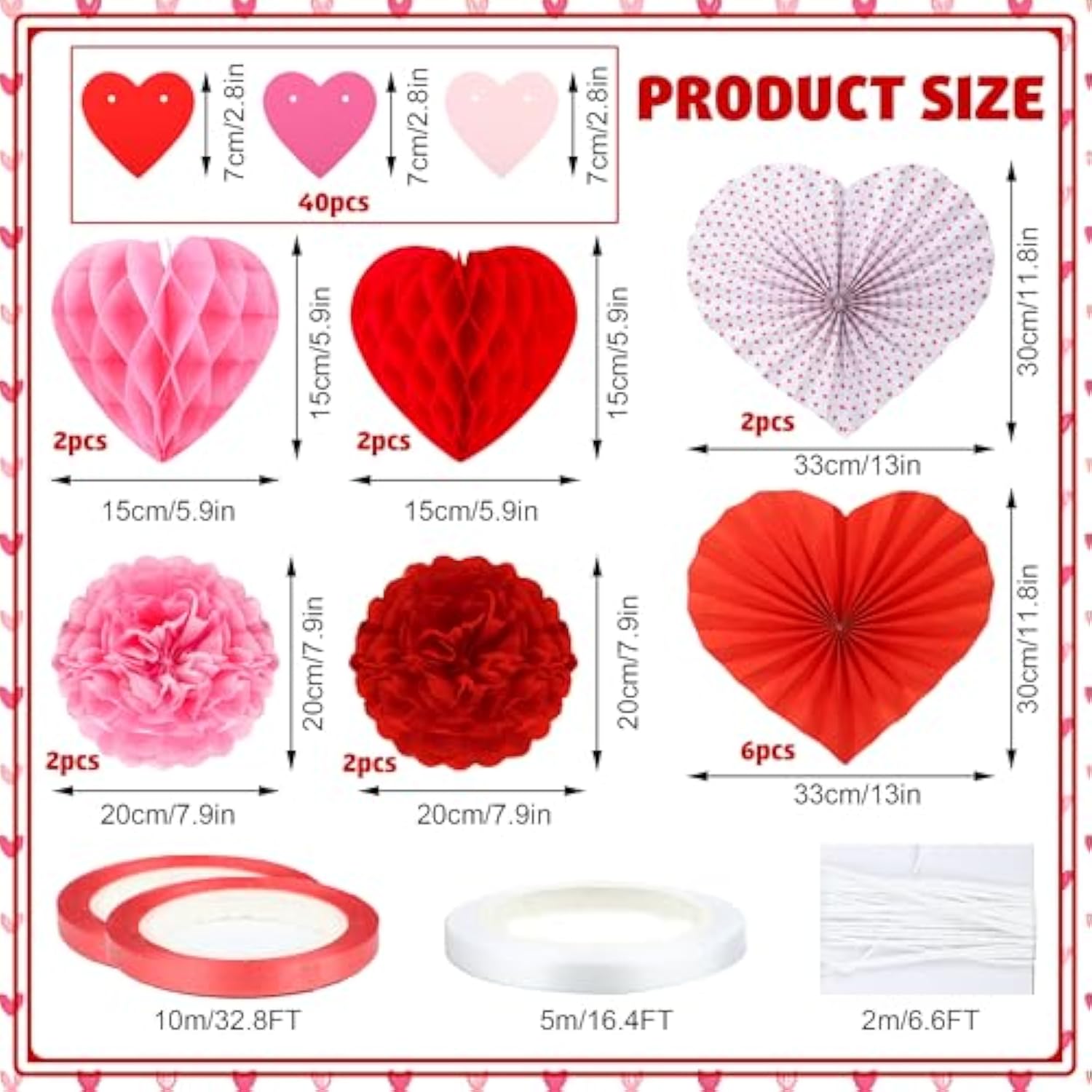 Valentine'S Day Party Decorations Kit Heart Hanging Paper Fans Banner Red Pink Honeycomb Balls Pompoms With Ribbon For Valentines Day Wedding Anniversary Bridal Shower Party Decor
