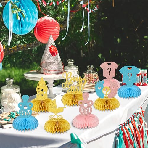 8Pcs Gender Reveal Party Decorations Boy or Girl Honeycomb Centerpieces Table Decorations for Baby Shower Pregnancy Announcements Party Decor Sign Gold Glitter