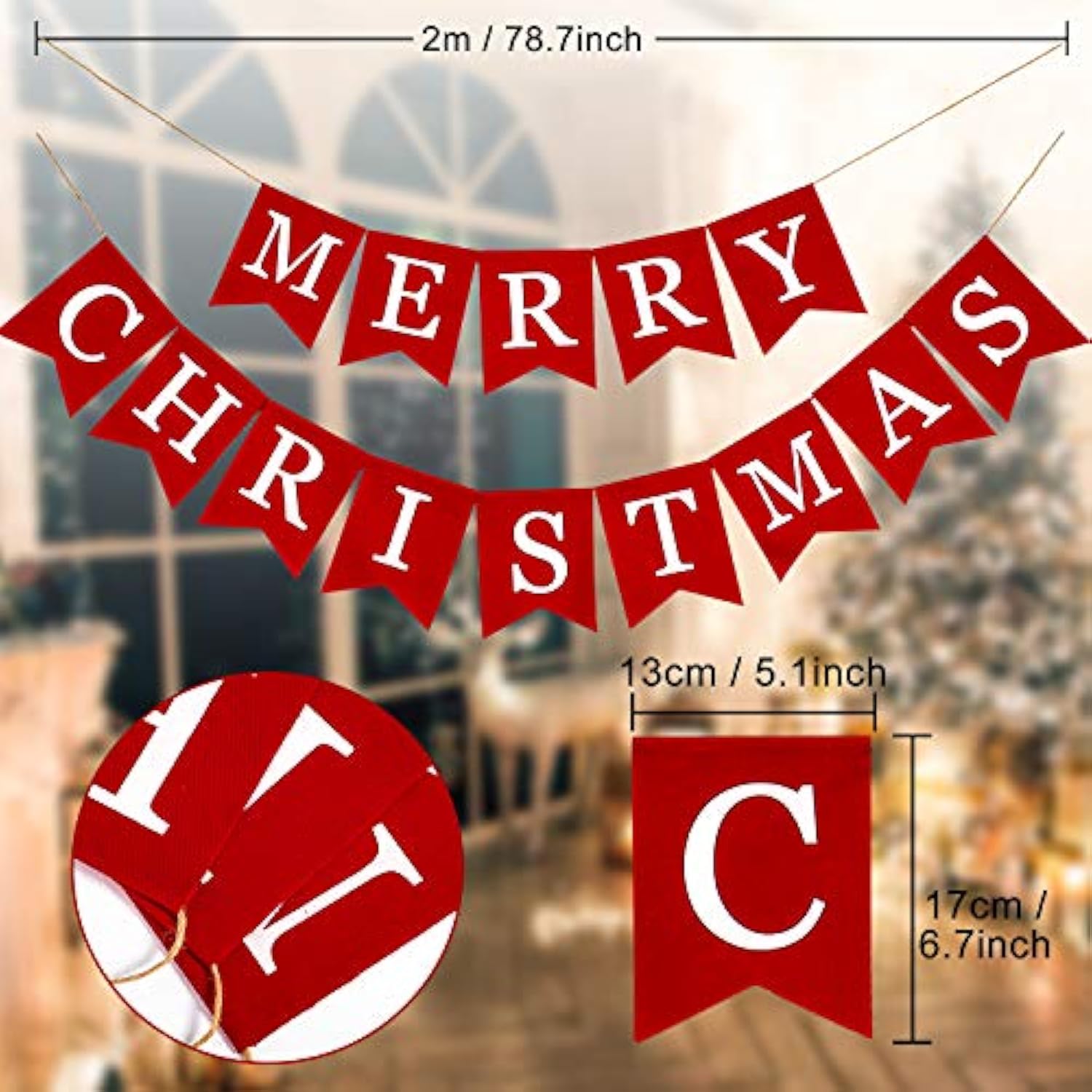 Merry Christmas Canvas Banners, Red Christmas Bunting Garland, Hanging Xmas Decorations For Fireplace Wall (13Ft In Total)