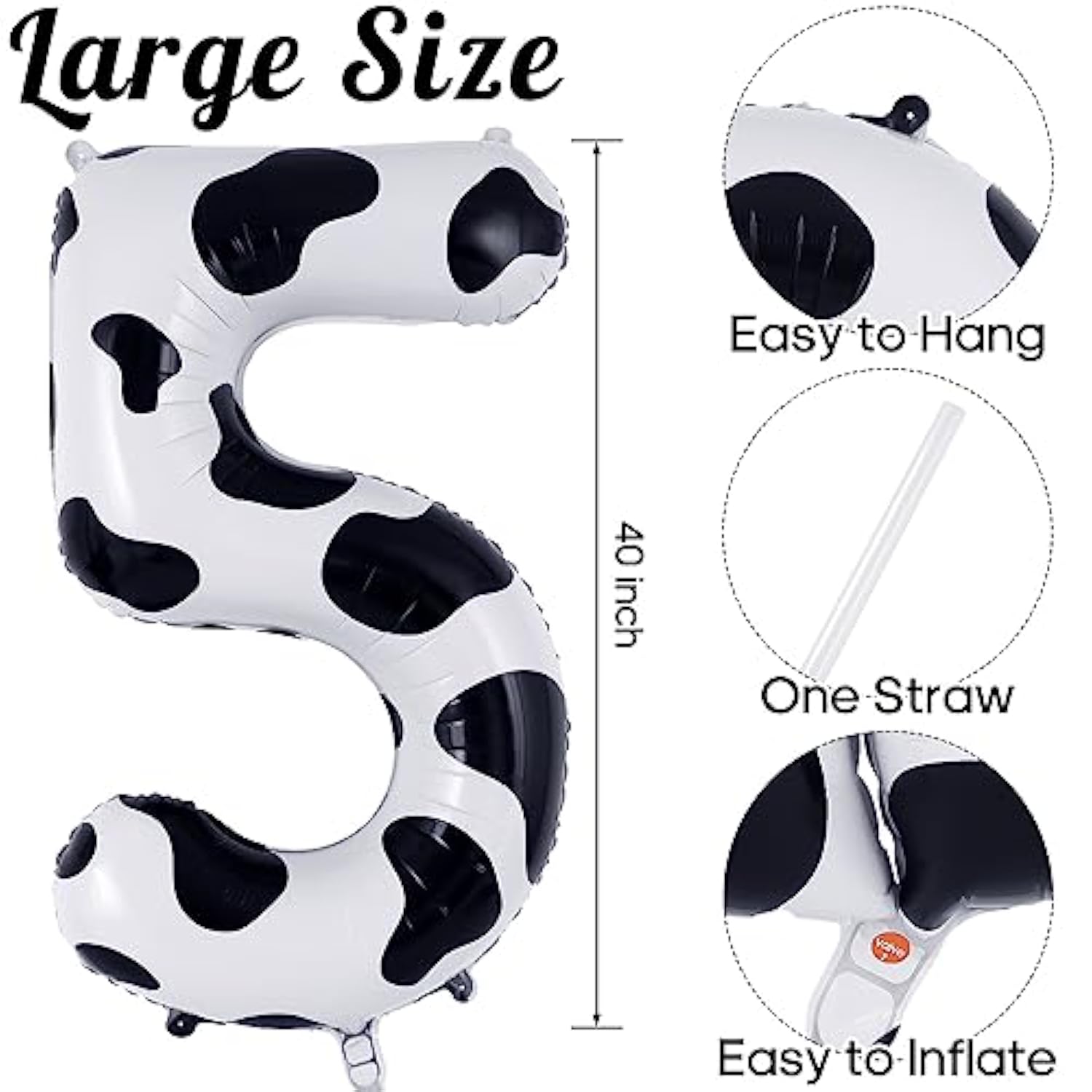 40" Cow Print Number 5 Balloon Foil Mylar for 5th Birthday Party Decor
