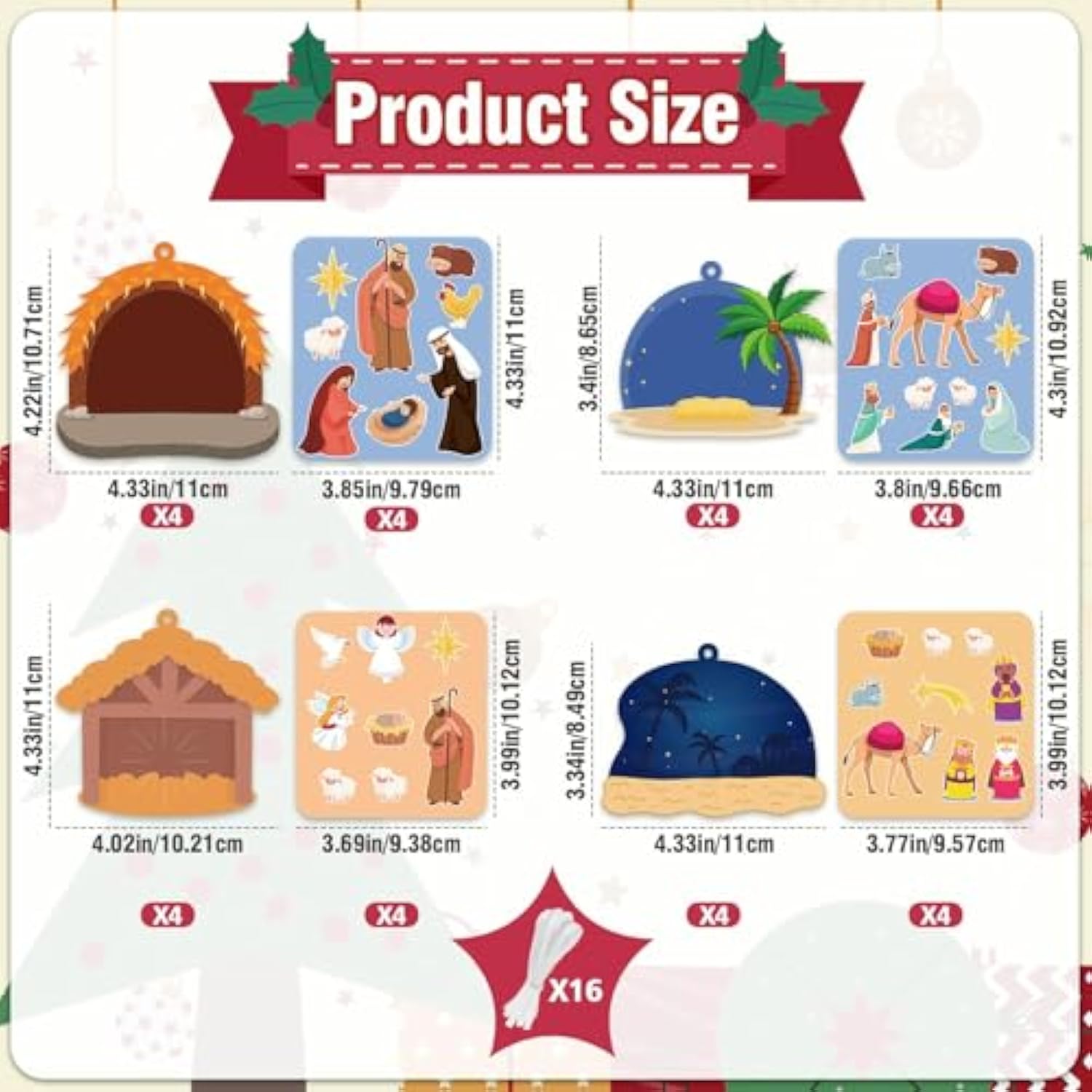 Christmas Nativity Ornament Crafts For Kids - 16 Pack Make Your Own Nativity Scene Ornament Kit With Nativity Diy Craft Stickers Cutouts For Kids Xmas Tree Holiday Classroom Art Activity Party Favors