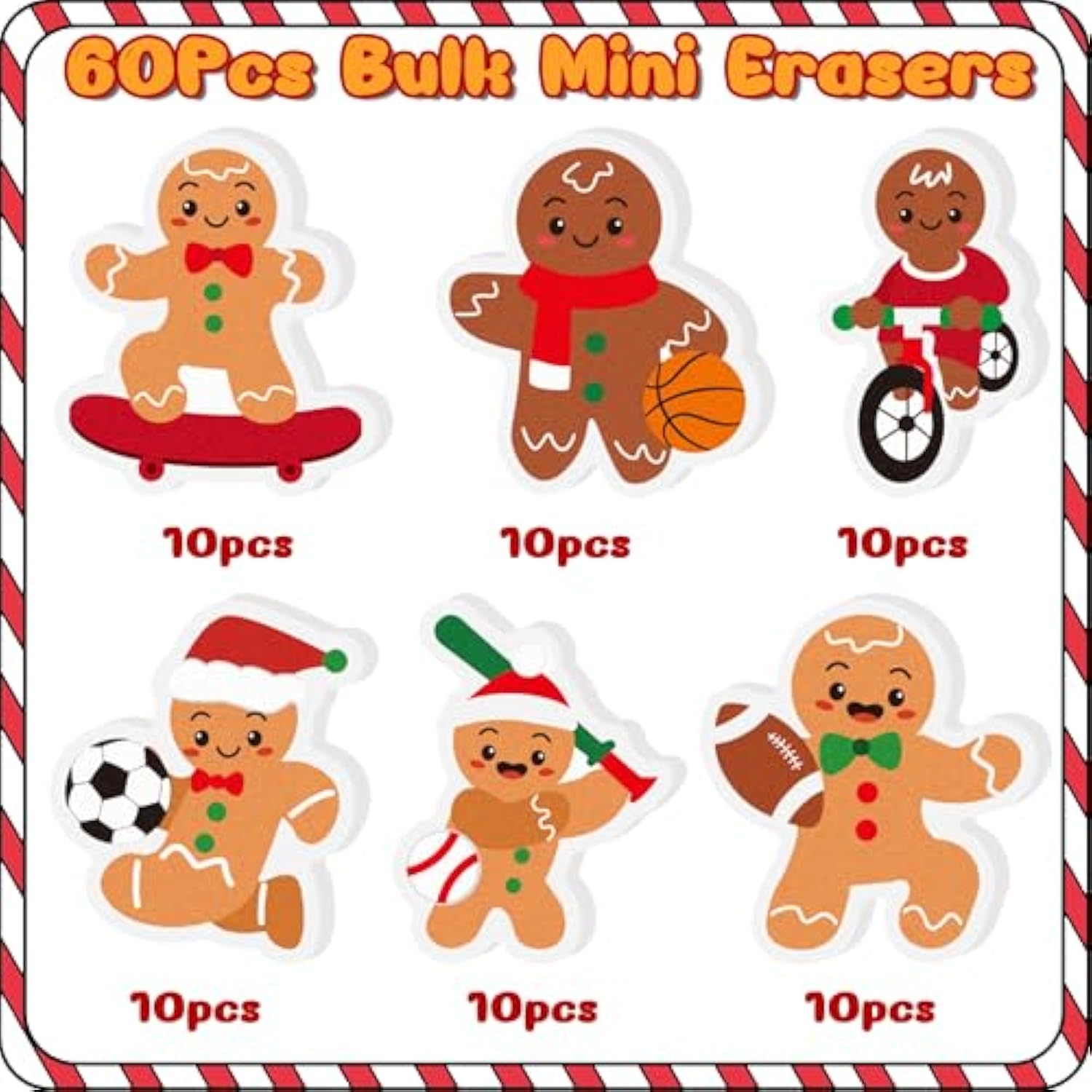 Christmas Sport Gingerbread Men Eraser - 60Pcs Novelty Mini Gingerbread Men Pencil Eraser Bulk 3D Desk Puzzle Rubber For Classroom Student Reward Xmas New Year Party Favor Gift Filler Supplies