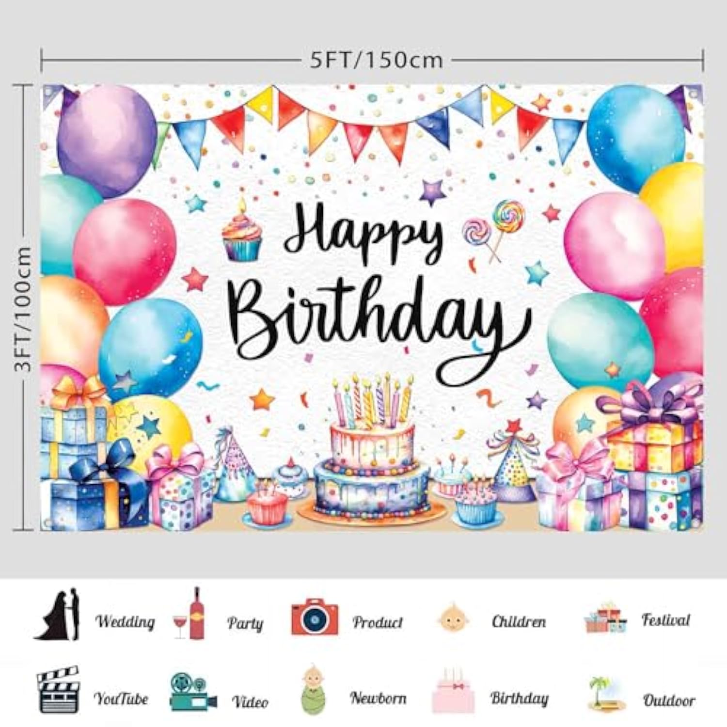 Colorful 5x3ft Happy Birthday Banner with Balloons Party Backdrop for Kids, Indoors/Outdoors
