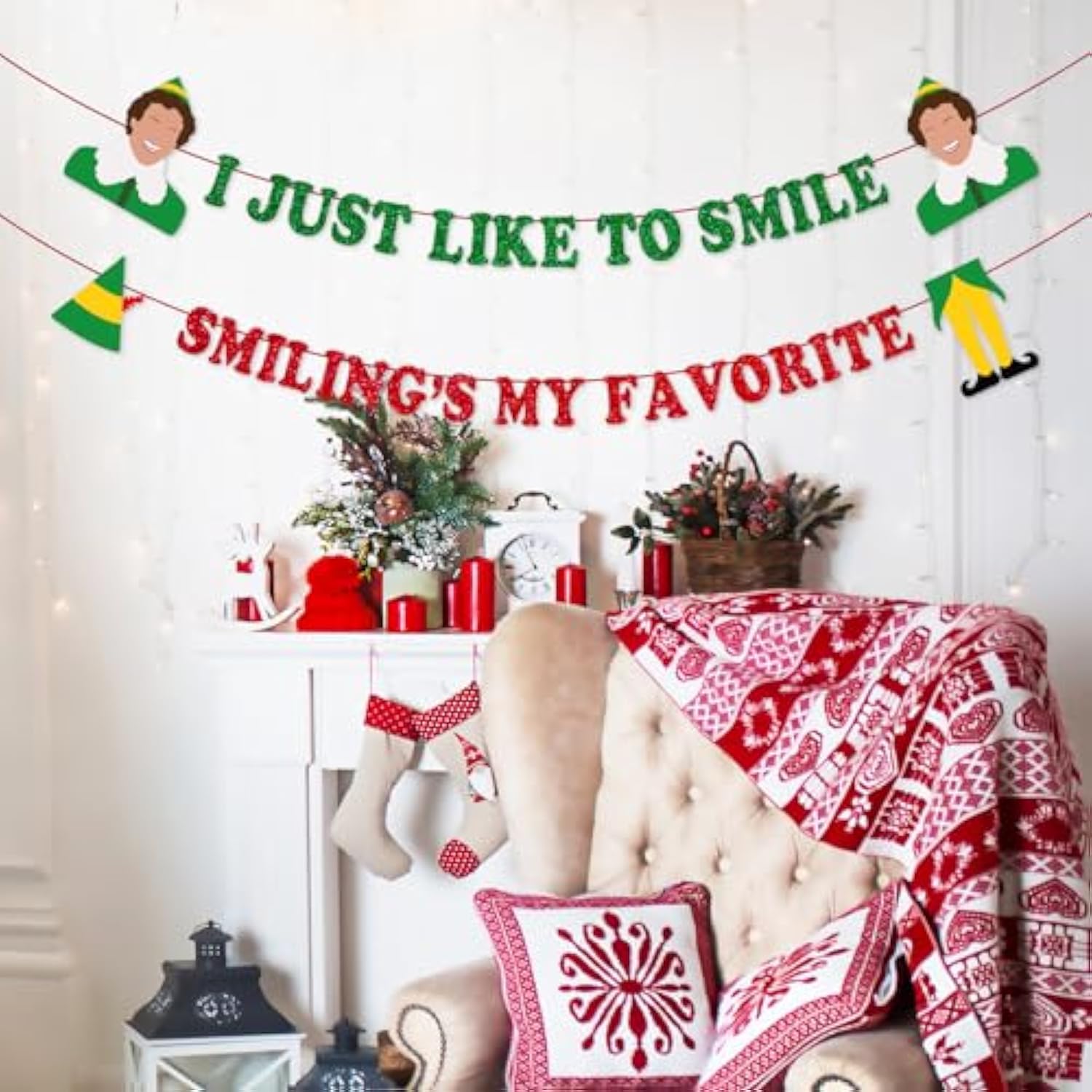 Funny Elf Christmas Decorations, Novelty Buddy The Elf Party Banner Decor Supplies, Holiday Hanging Sign For Fireplace Mantle Wall Decor, Christmas Party Photo Booth Backdrop - I Just Like To Smile