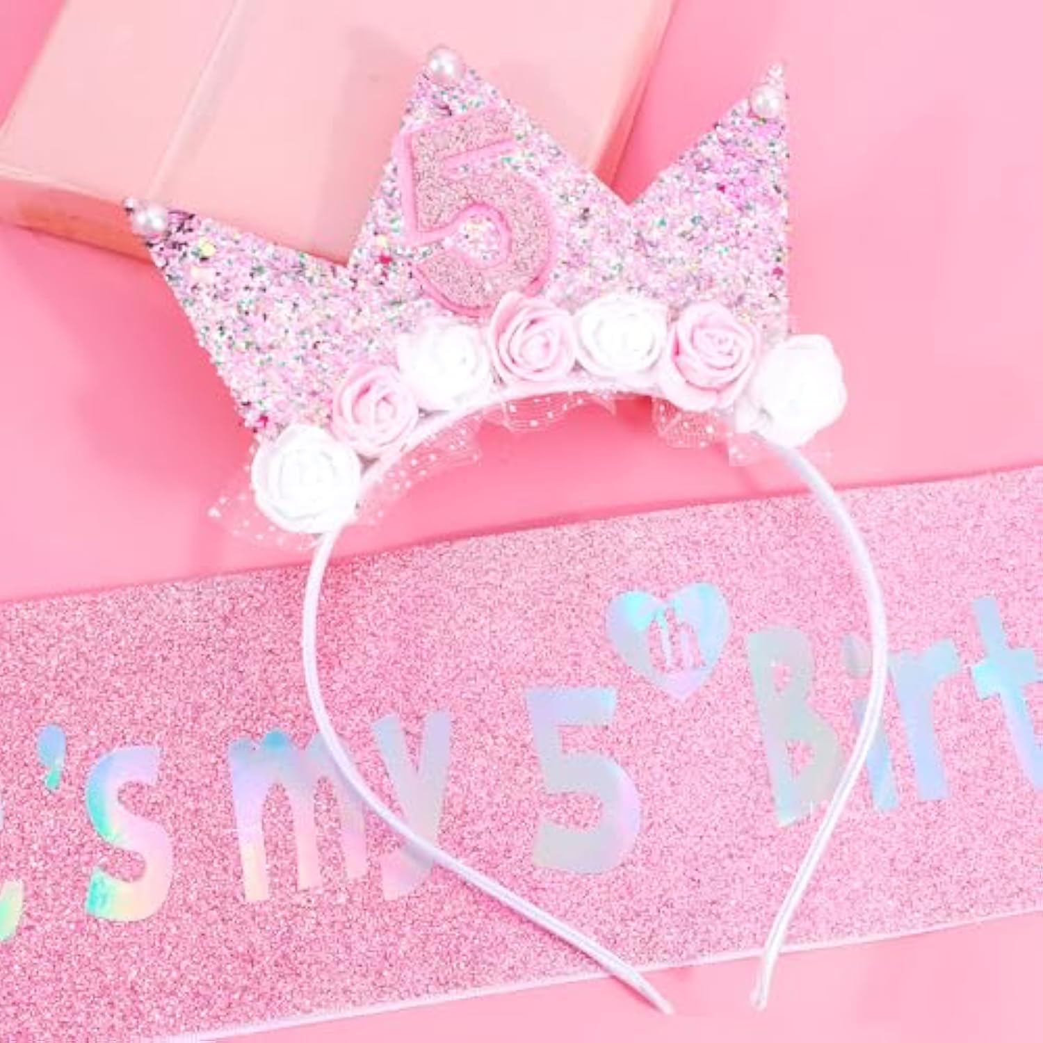 5Th Birthday Decorations For Girls, Birthday Girl Headband & Glitter Sash Set For 5 Year Old Girl Birthday Decorations, Birthday Flower Princess Crown Headband For Happy 5Th Birthday Girl Outfit