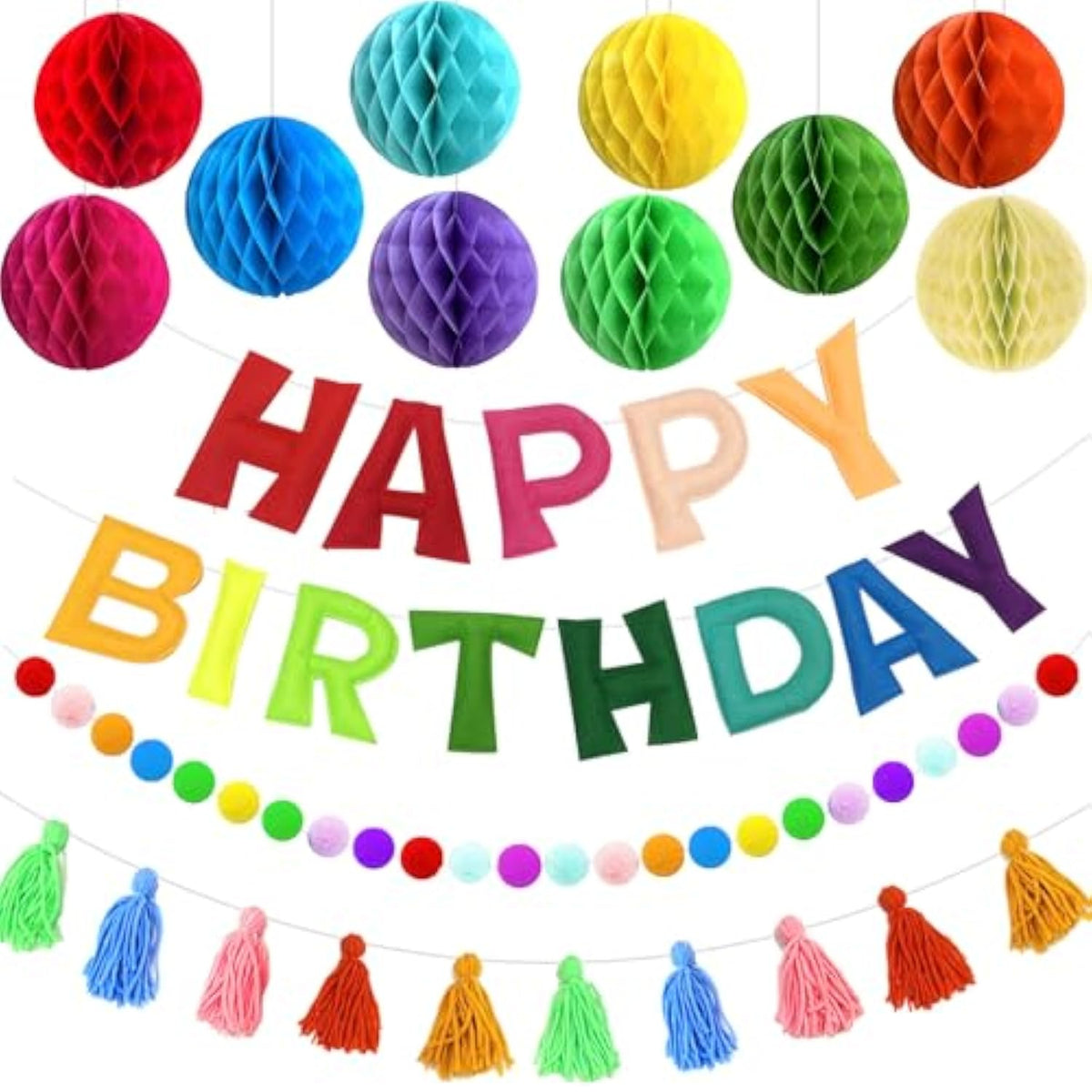 Reusable Happy Birthday Banner, Felt Birthday Garland Pom Pom Party Decor, Plush Tassels, With 10Pcs Honeycomb Balls, Rainbow Pre-Strung Party Celebration Decorations