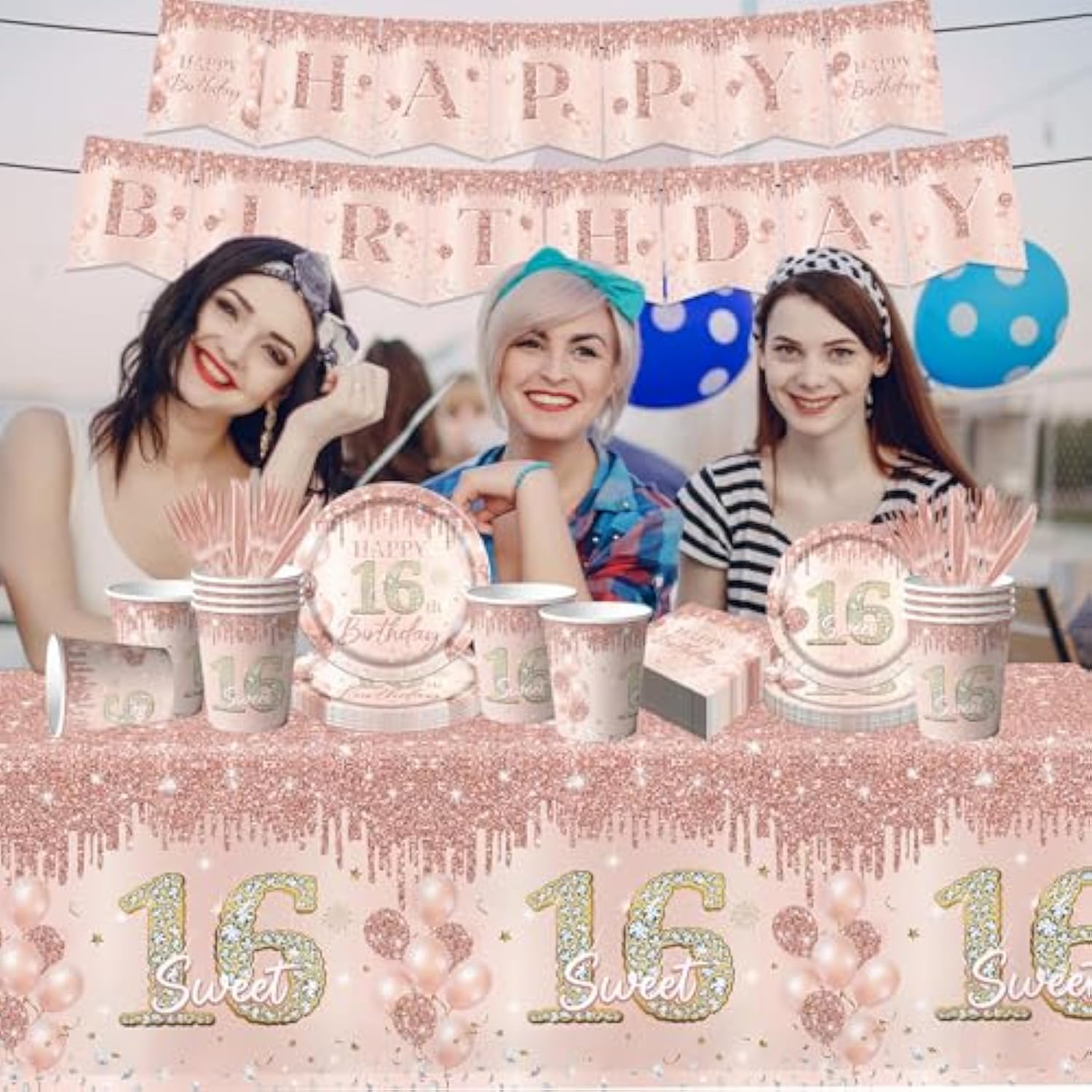 Sweet 16 Party Decorations Tableware,142Pcs Rose Gold 16Th Birthday Decorations For Girls Sweet 16 Plates And Napkins Tablecloth For Sweet Sixteen Decorations