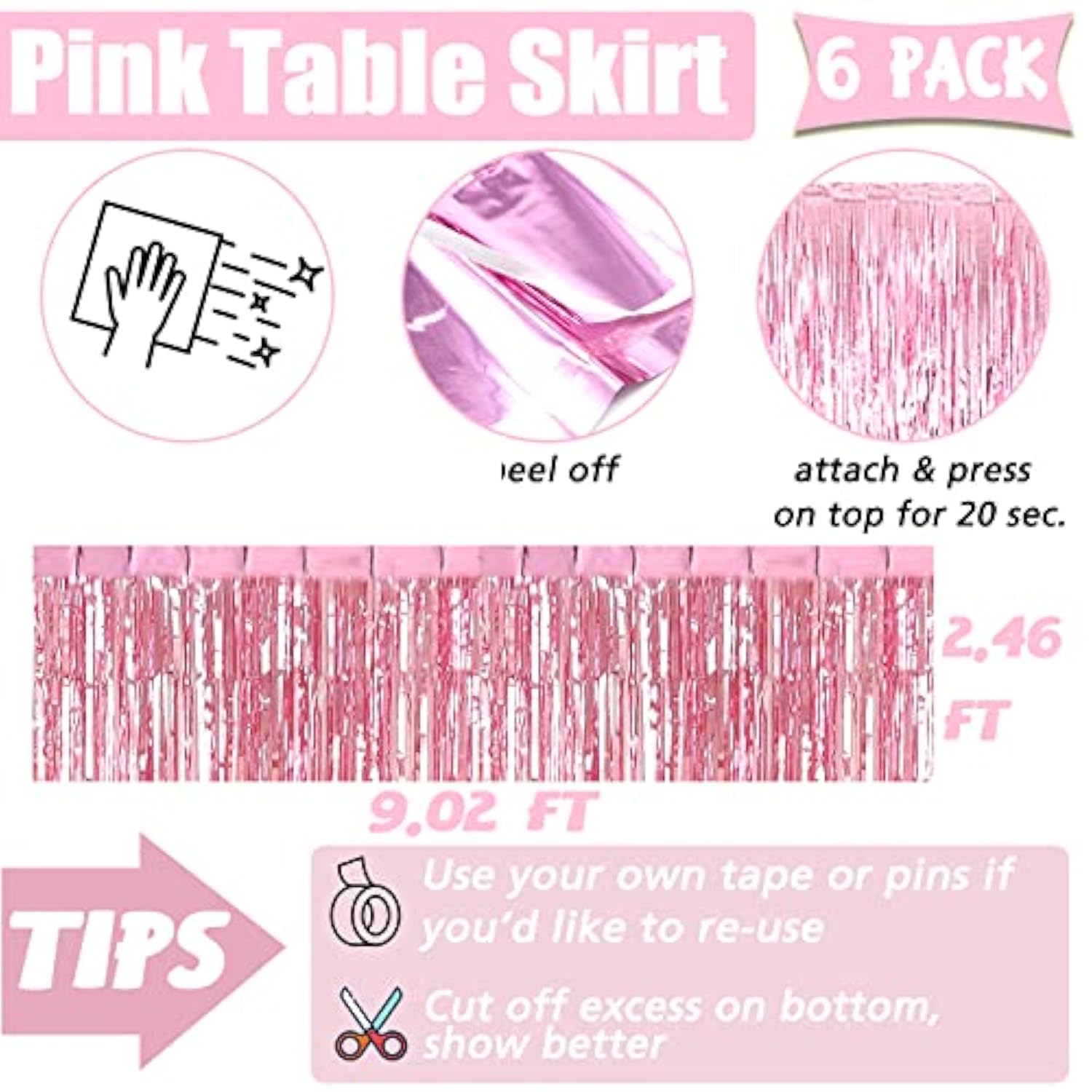6 Pack 29X108 Inch Pink Metallic Foil Fringe Table Skirts Banner For Tinsel Streamer Garland Curtains Backdrop For Parade Floats Wedding Baby Shower Birthday Christmas Halloween Party Decoration