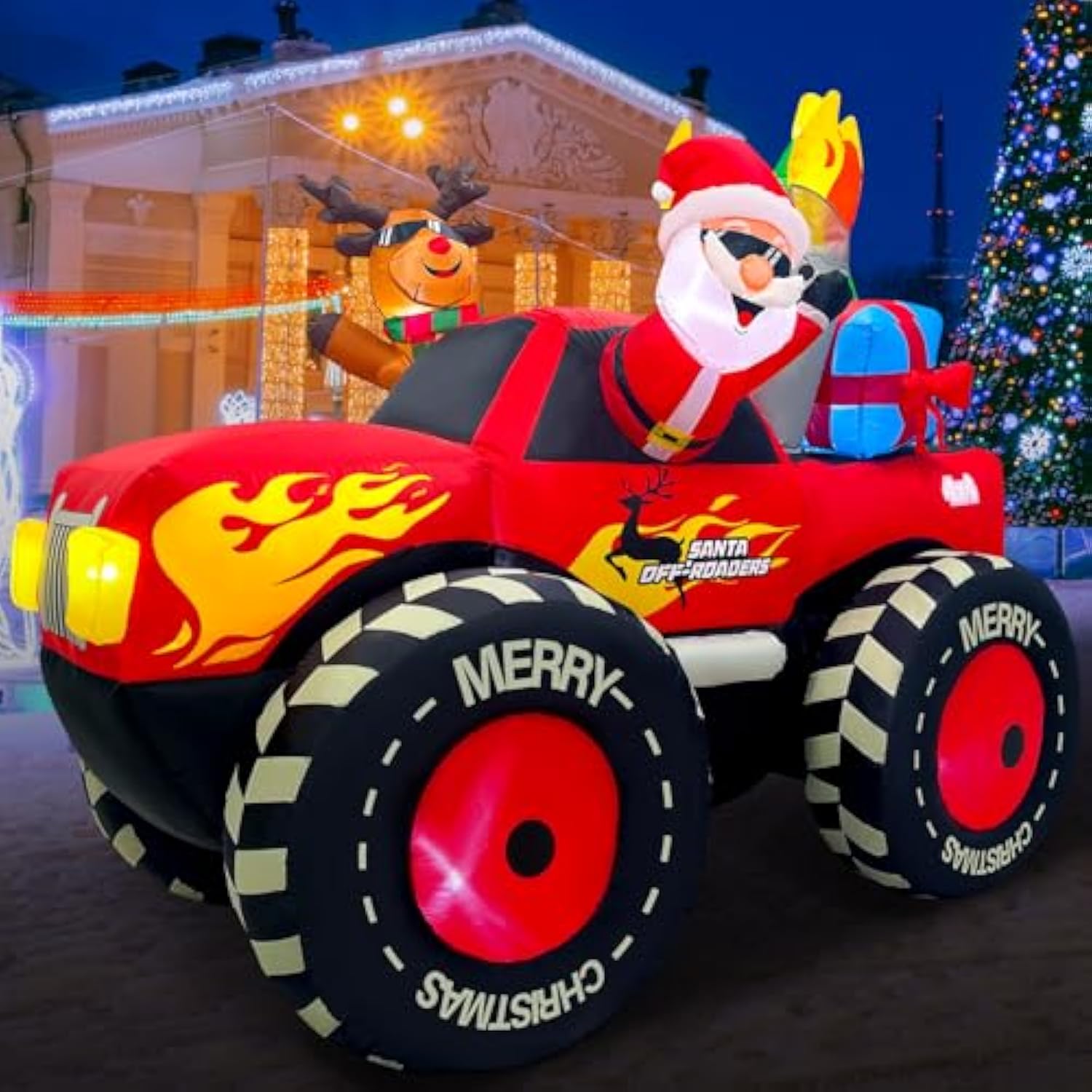 7Ft Christmas Inflatable Outdoor Decoration, Inflatable Santa Claus & Reindeer On Monster Trunk, Blow Up Yard Decoration