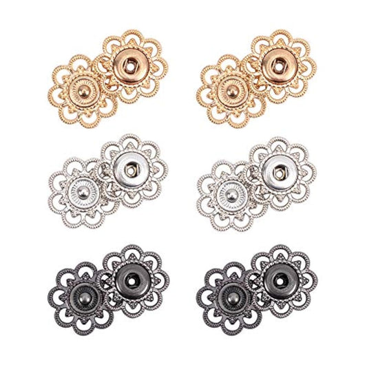 24 Sets Alloy Flower Snap Buttons, 3 Assorted Colors Vintage Metal Sew