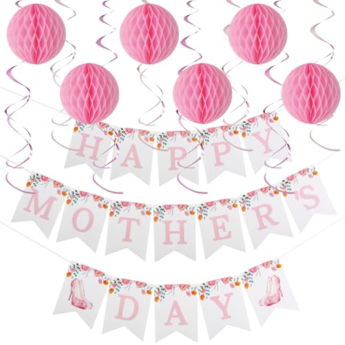 Happy Mother's Day Decorations, Happy Mothers Day Banner with Hanging Swirls, Honeycomb Balls Decorations for Party Supplies Decor Home Office, Pink