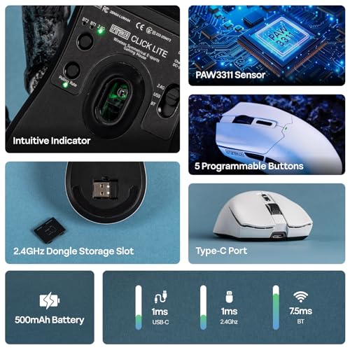 Click Lite Wireless Gaming Mouse, 800 to 12,000 DPI Adjustable, PAW3311 Sensor, 500mAh, 59g, 2.4G/BT/USB-C Rechargeable Wireless Mouse with 5