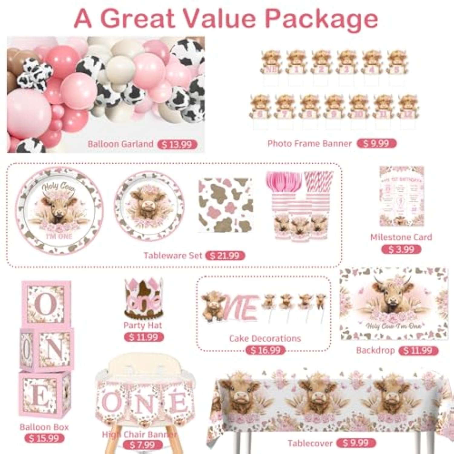 254Pcs Holy Cow I'M One Birthday Decorations Complete Party Set, Highland Cow 1St Birthday Decorations Girl, For Cow Theme Girl 1St Party Supplies Serves 20 Guests